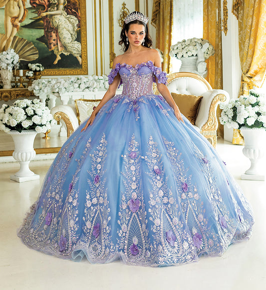 Quinceañera | Lilac Blue Off-Shoulder Quince Ball Gown with 3D Floral Appliqués | Xavia dress front
