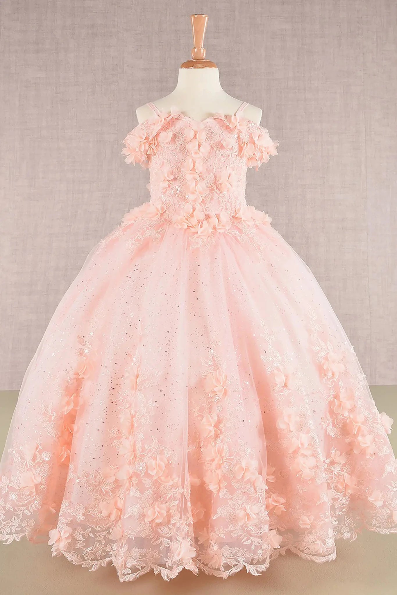 Front view of Blush Kids Dress with 3D Floral Applique and Glitter Embroidery Mesh, Mini Quince Dress.