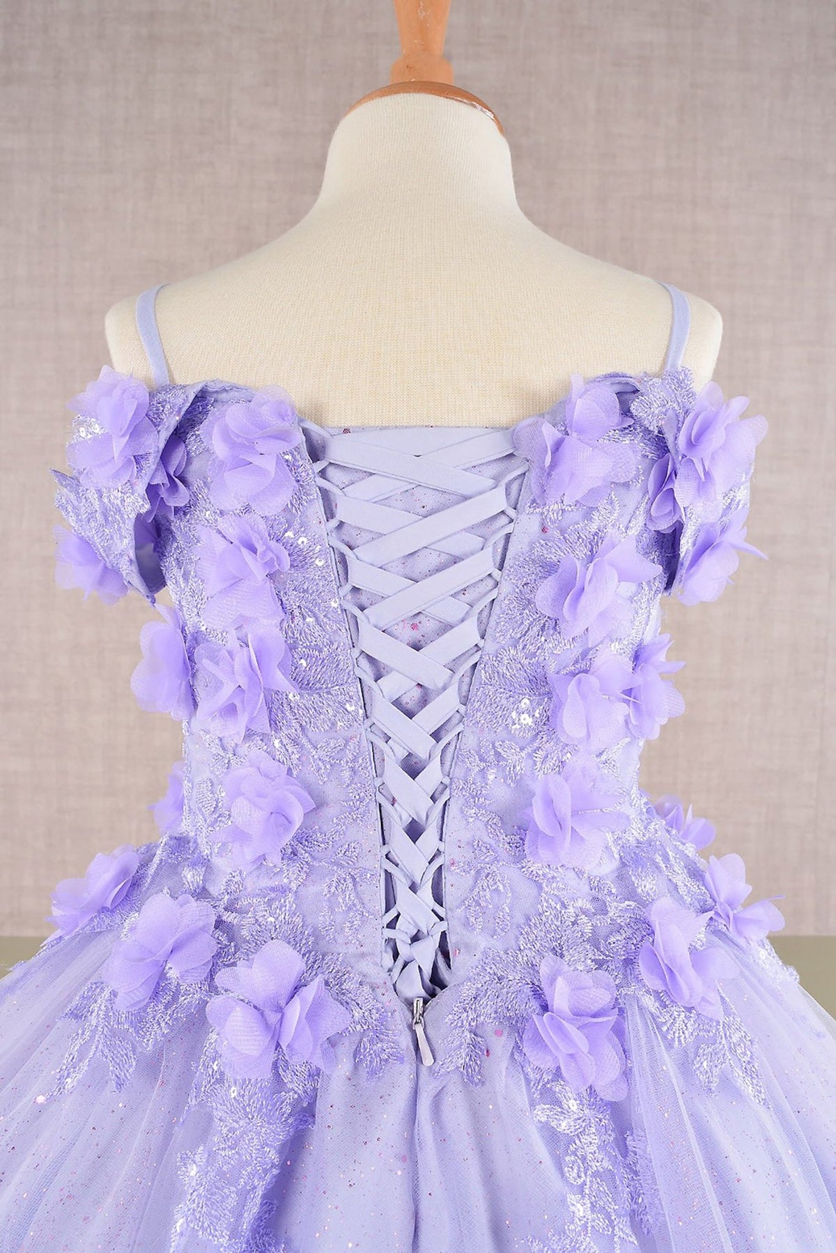 Close-up of Lilac Kids Dress with 3D Floral Applique and Glitter Embroidery Mesh, Mini Quince Dress.
