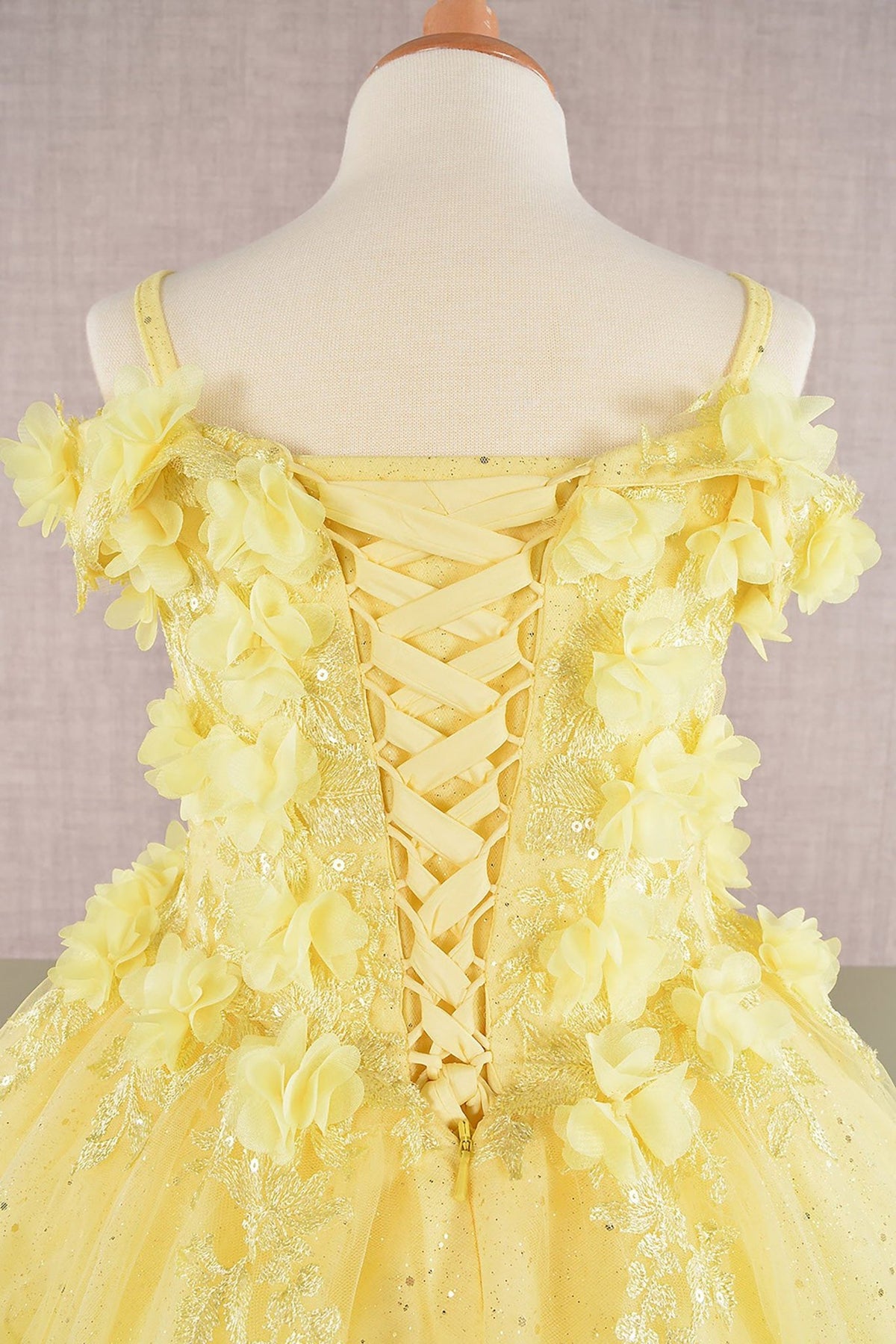 Close-up of Yellow Kids Dress with 3D Floral Applique and Glitter Embroidery Mesh, Mini Quince Dress.