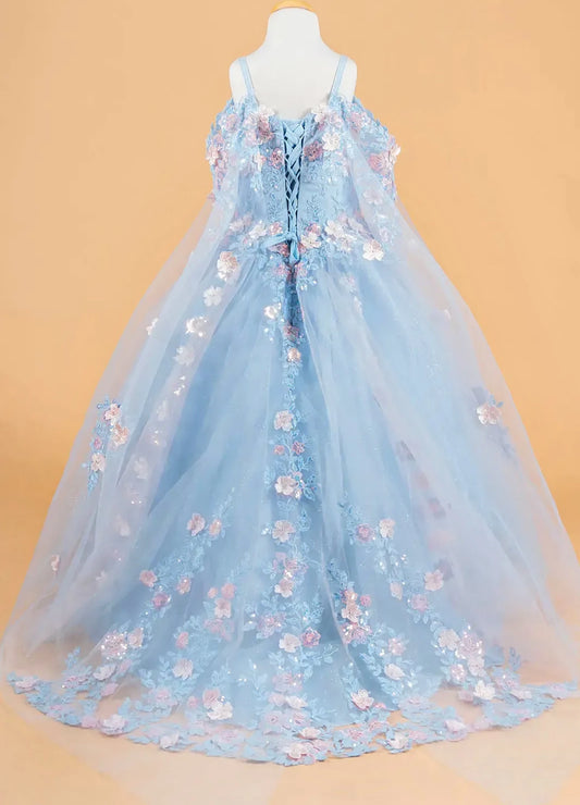 Light blue kids floral dress displayed on a mannequin
