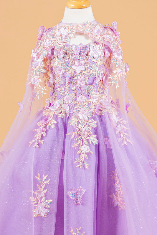 Mini Quince | Lilac 3D Flower and Butterfly Applique Dress with Matching Tunic | Irina dress | 2 Colors Available front zoom
