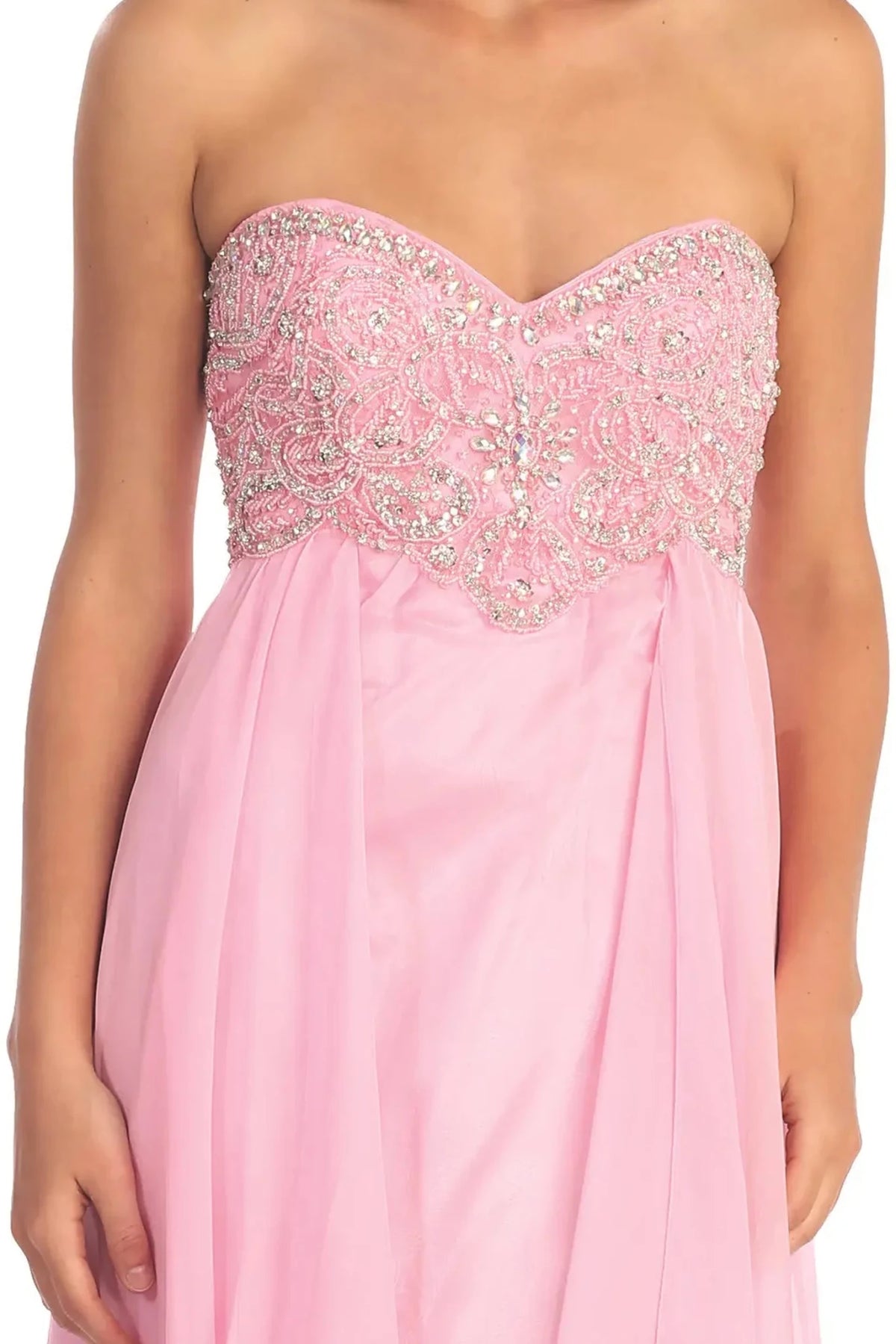 Pink sweetheart prom evening dress upper front with beads