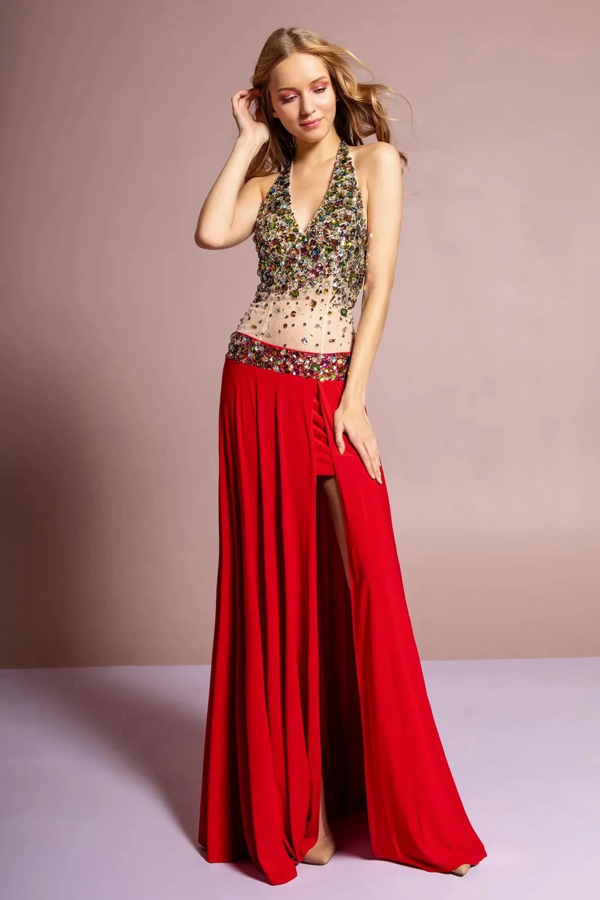 Red beaded halter prom evening dress full front