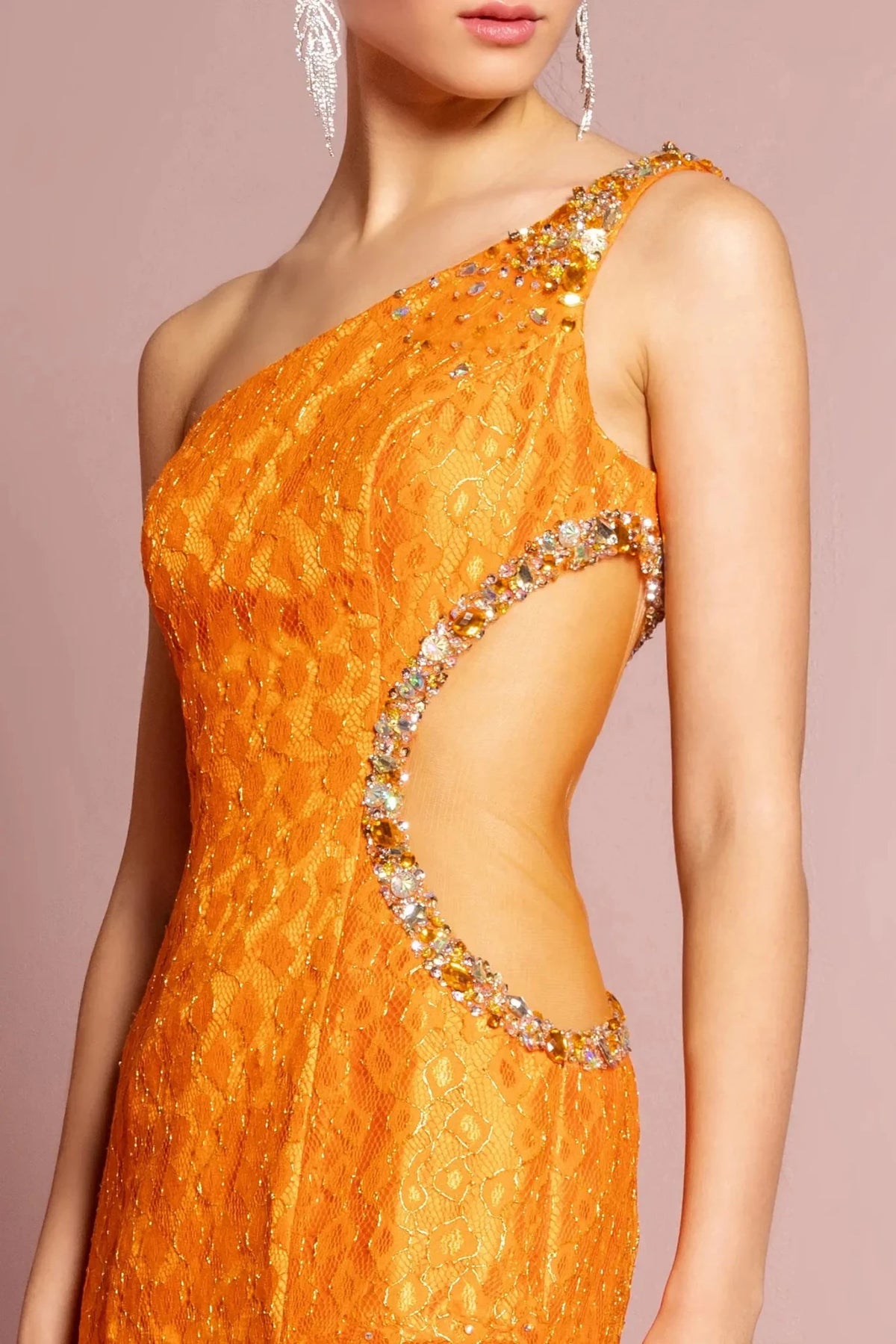 Orange prom evening dress full back with open back