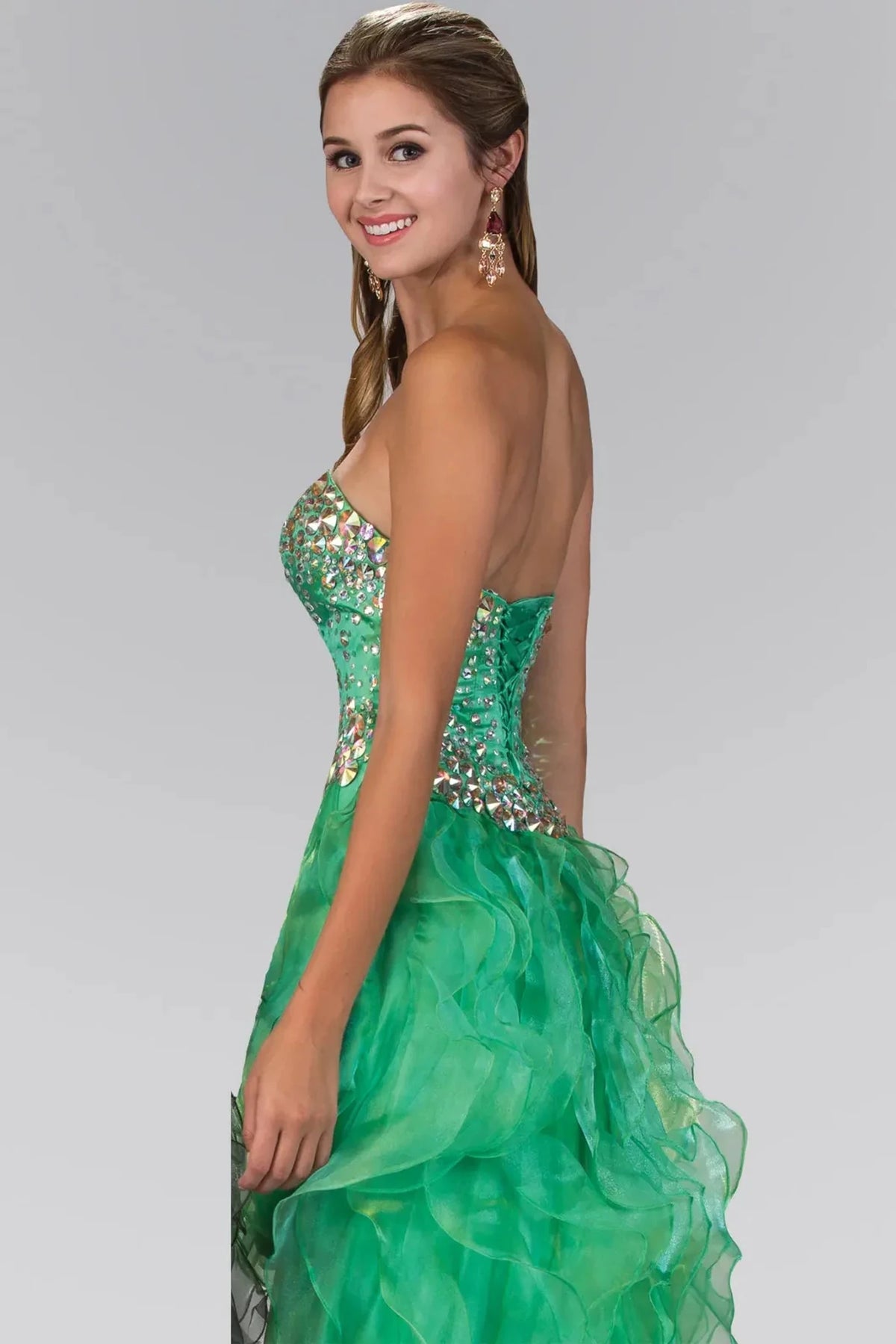 Emerald Green sweetheart prom evening dress upper front with jewel