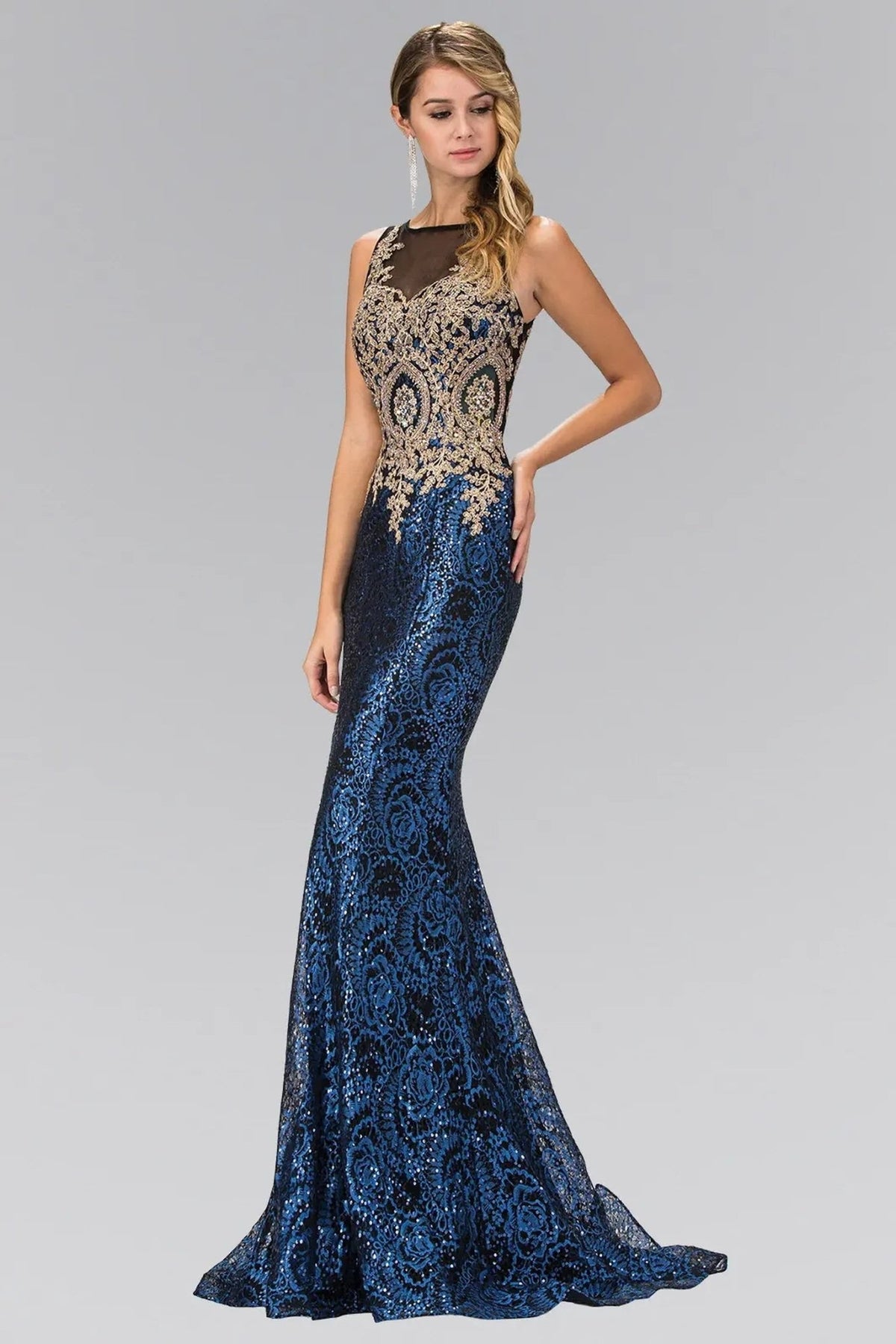 Full-length view highlights royal Blue embellished sequins embroidery formal dress.