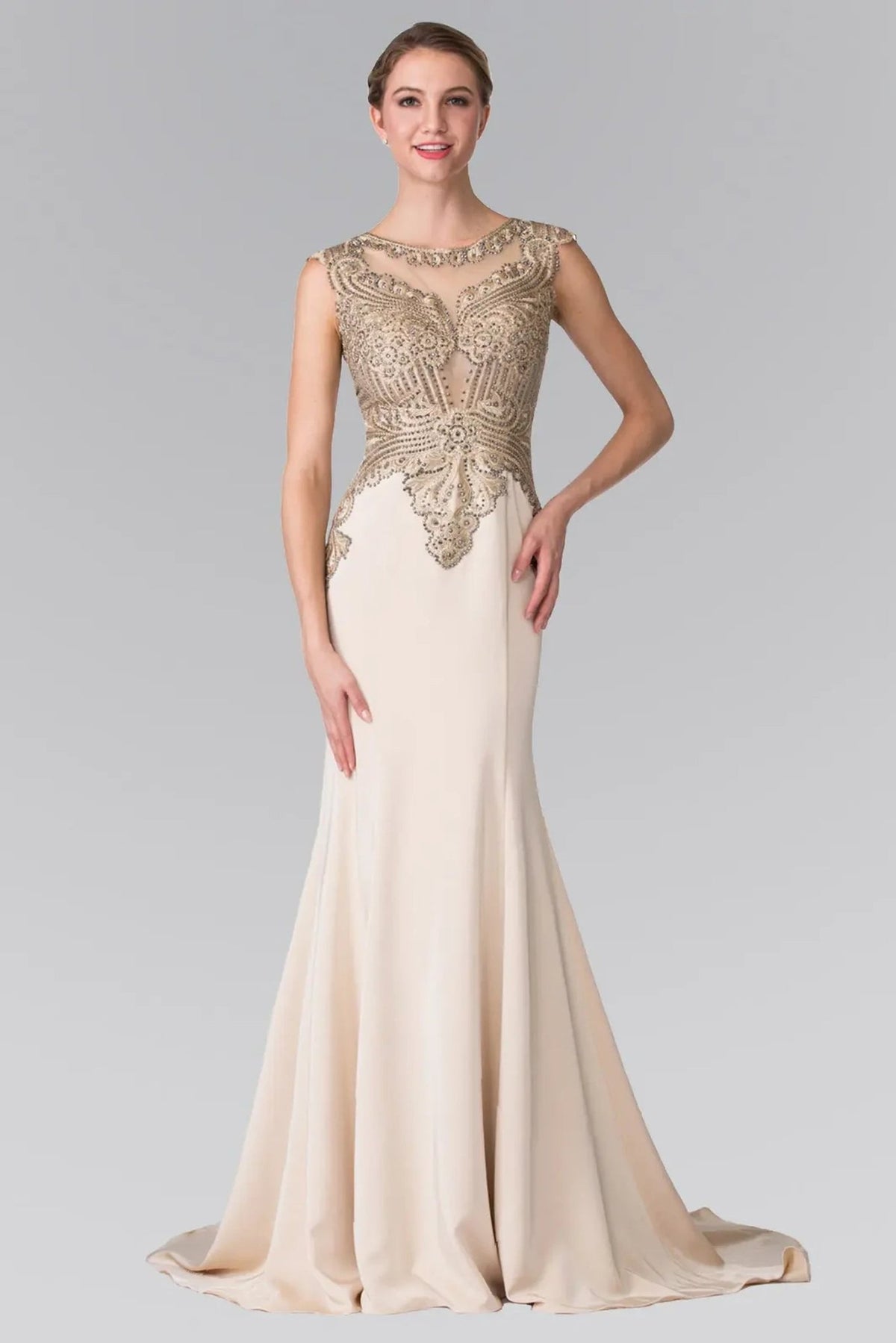 Full-length view highlights champagne embellished embroidery formal dress.
