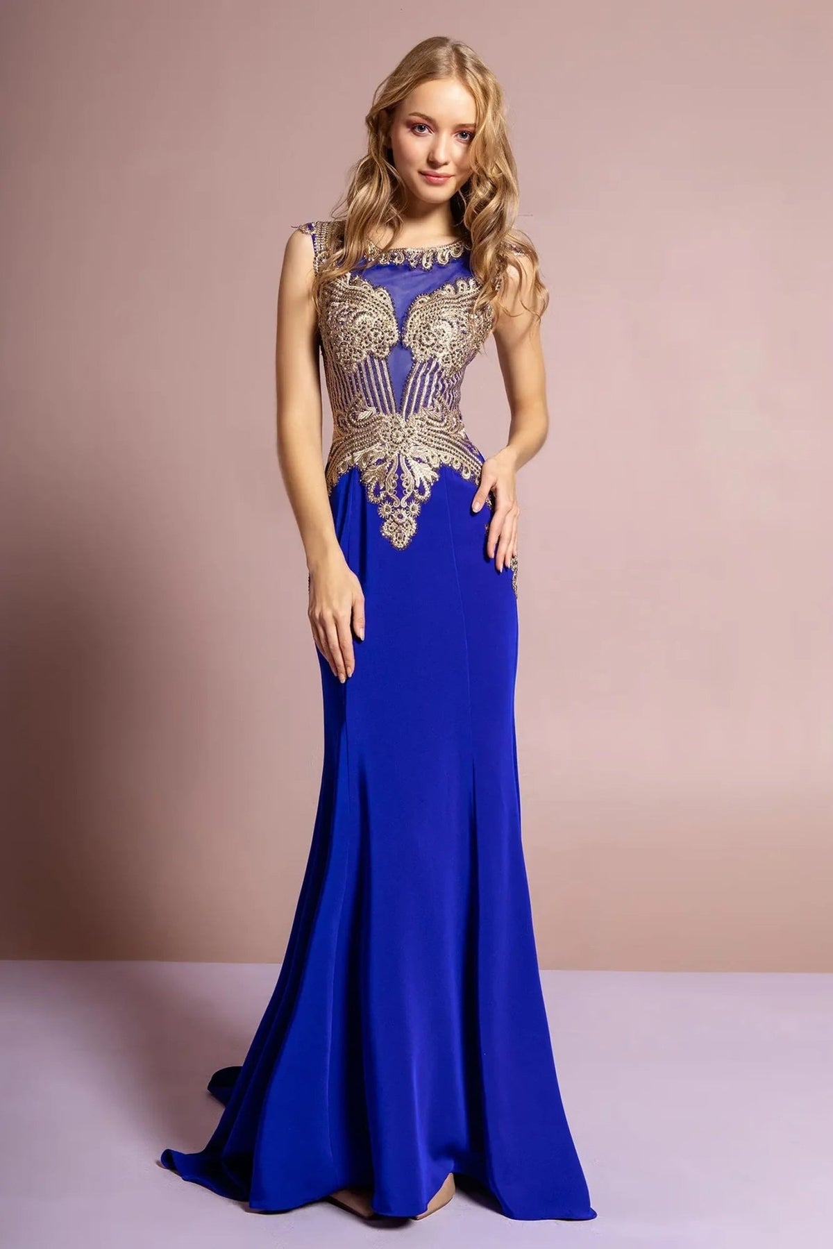 Full-length view highlights royal Blue embellished embroidery formal dress.