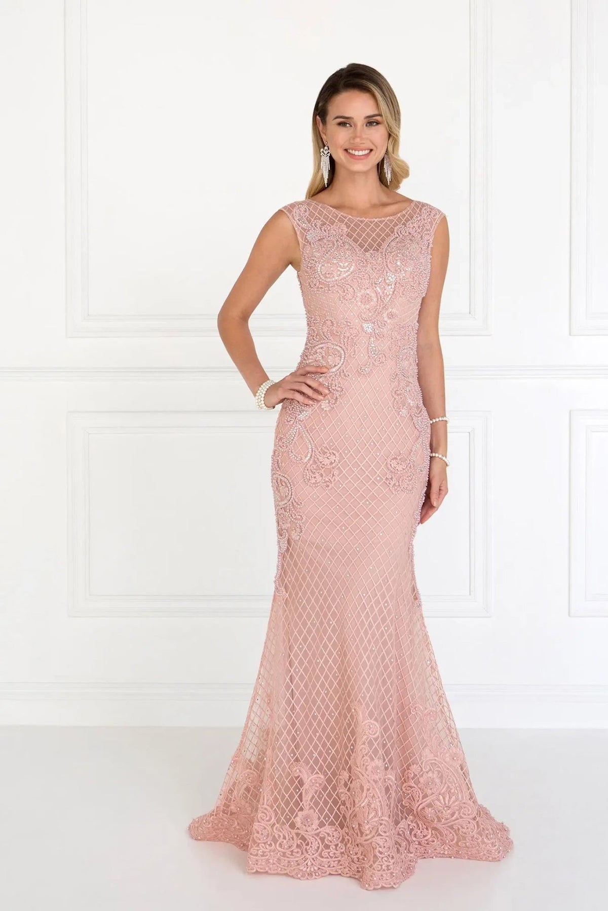 Rear view reveals dusty Rose beading embellished embroidery formal dress.