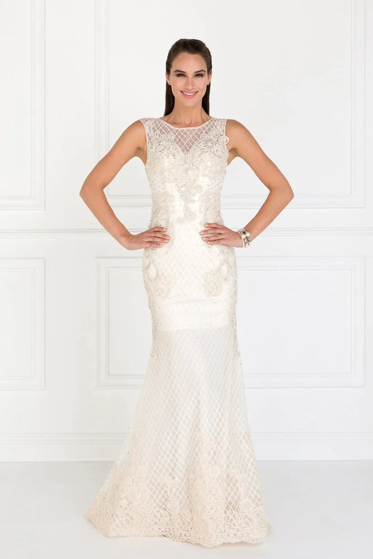 Detailed view highlights ivory/Champagne beading embellished embroidery formal dress detail.