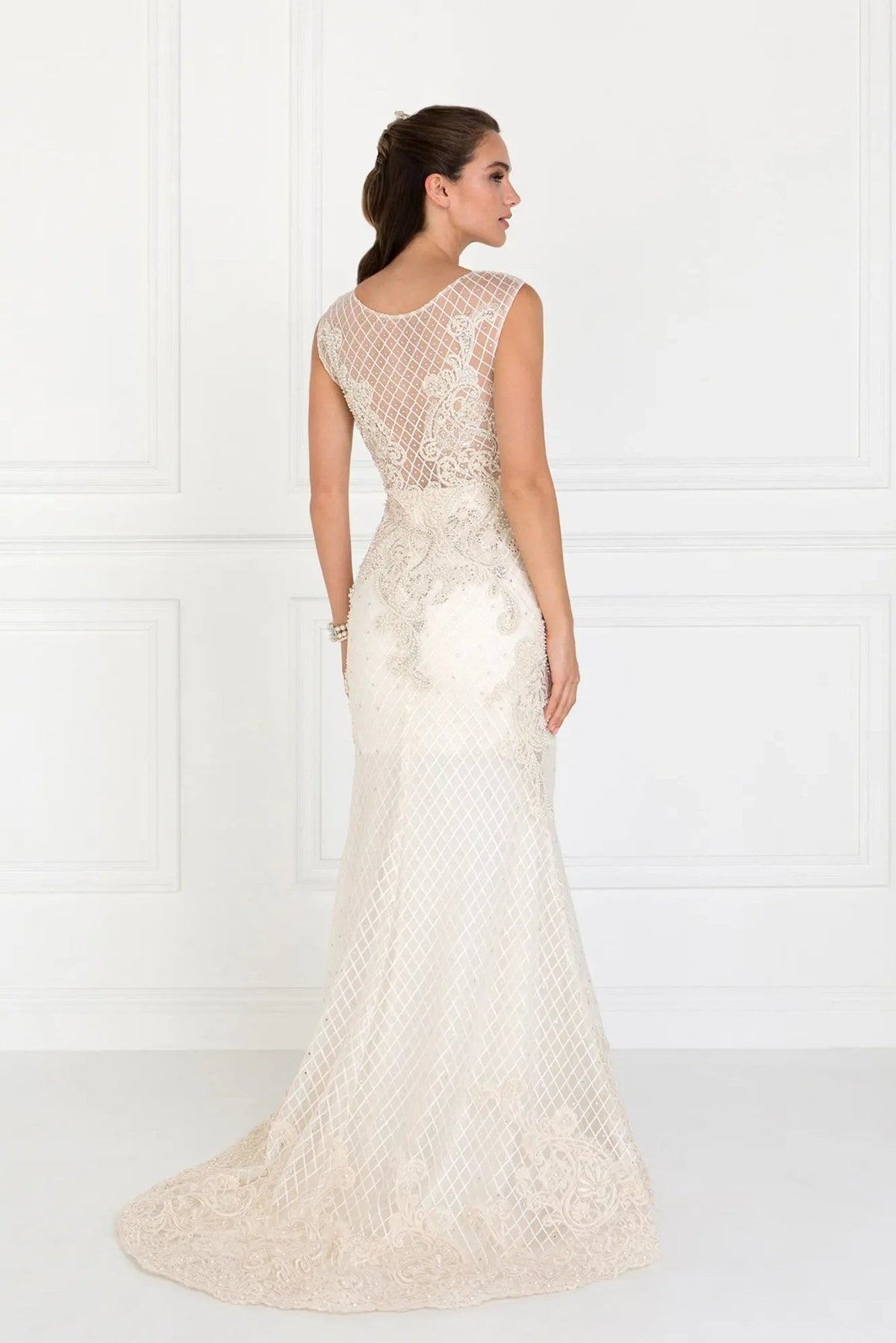 Bodice close-up highlights ivory/Champagne beading embellished embroidery formal dress.