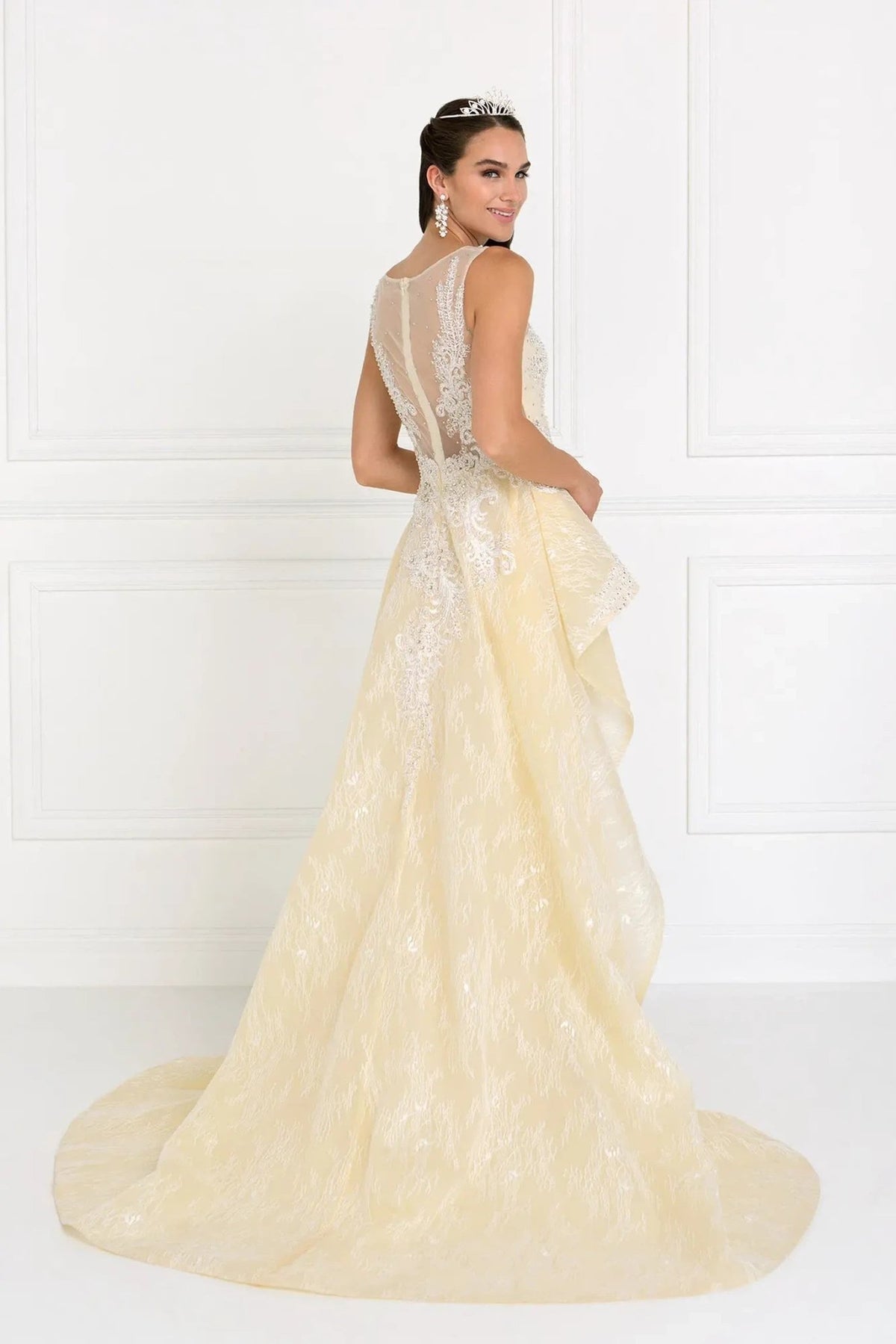 Skirt detail shows ivory/Champagne beading embellished embroidery formal dress skirt detail.