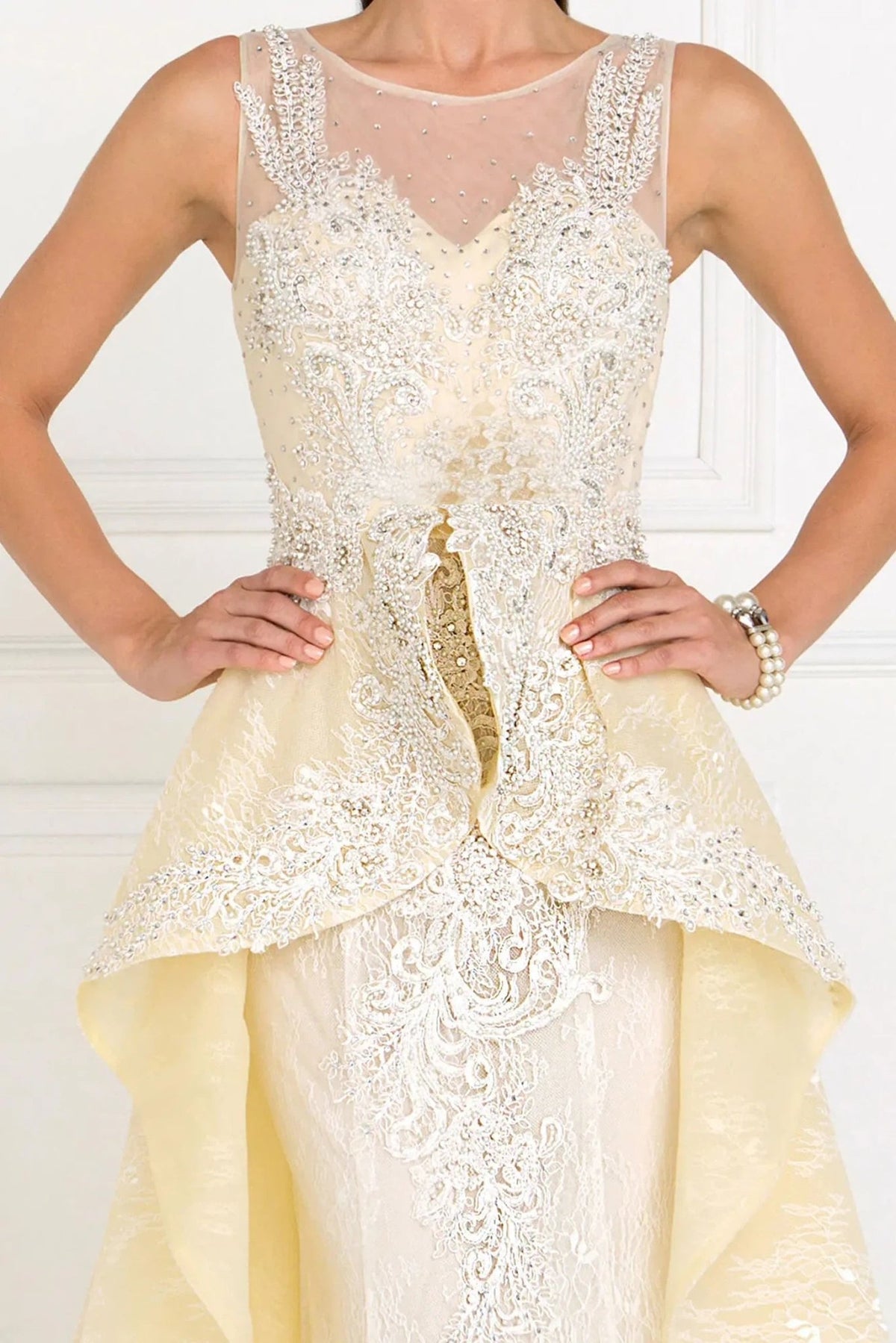 Side profile shows ivory/Champagne beading embellished embroidery formal dress side detail.