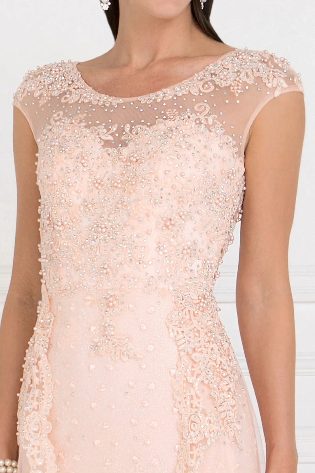 Rear view reveals blush beading embellished embroidery formal dress.