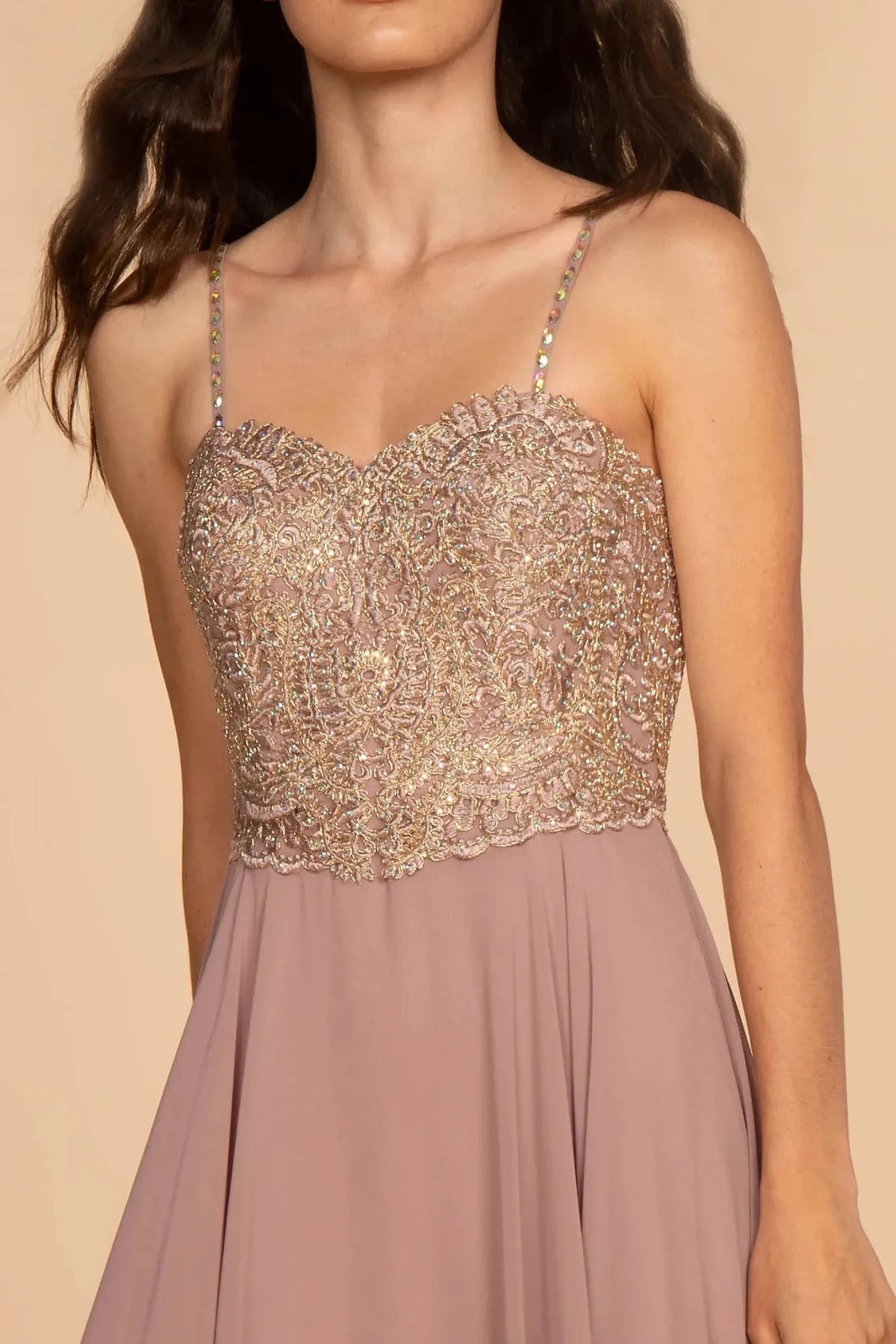 Mauve sweetheart prom evening dress upper front with embroidery, jewel