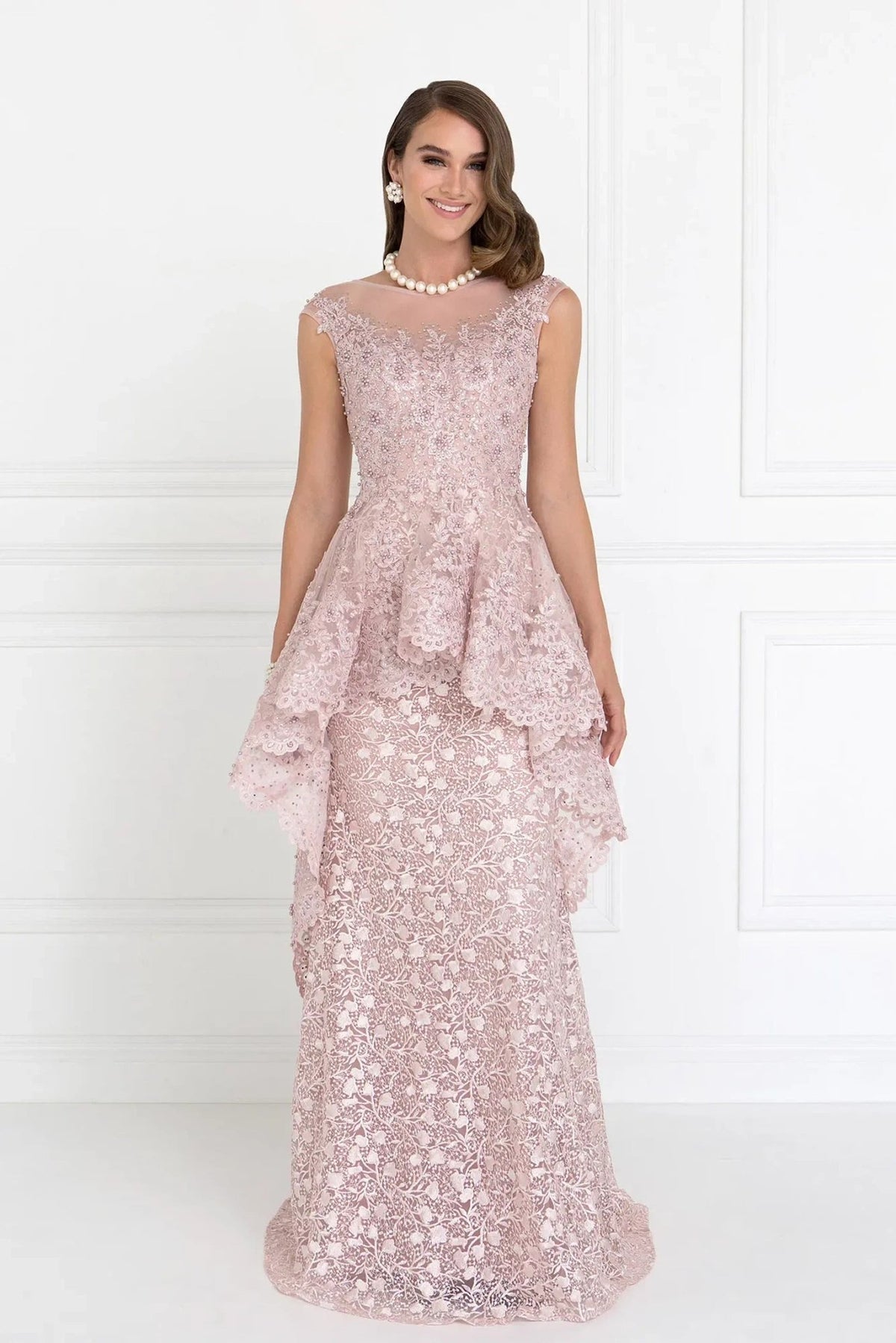 Full-length view highlights dusty Rose beading embellished formal dress.