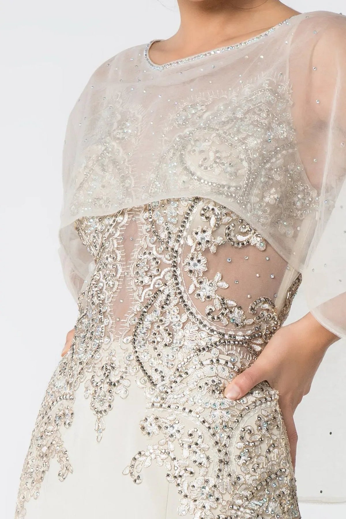 Detailed view highlights champagne embellished embroidery formal dress detail.