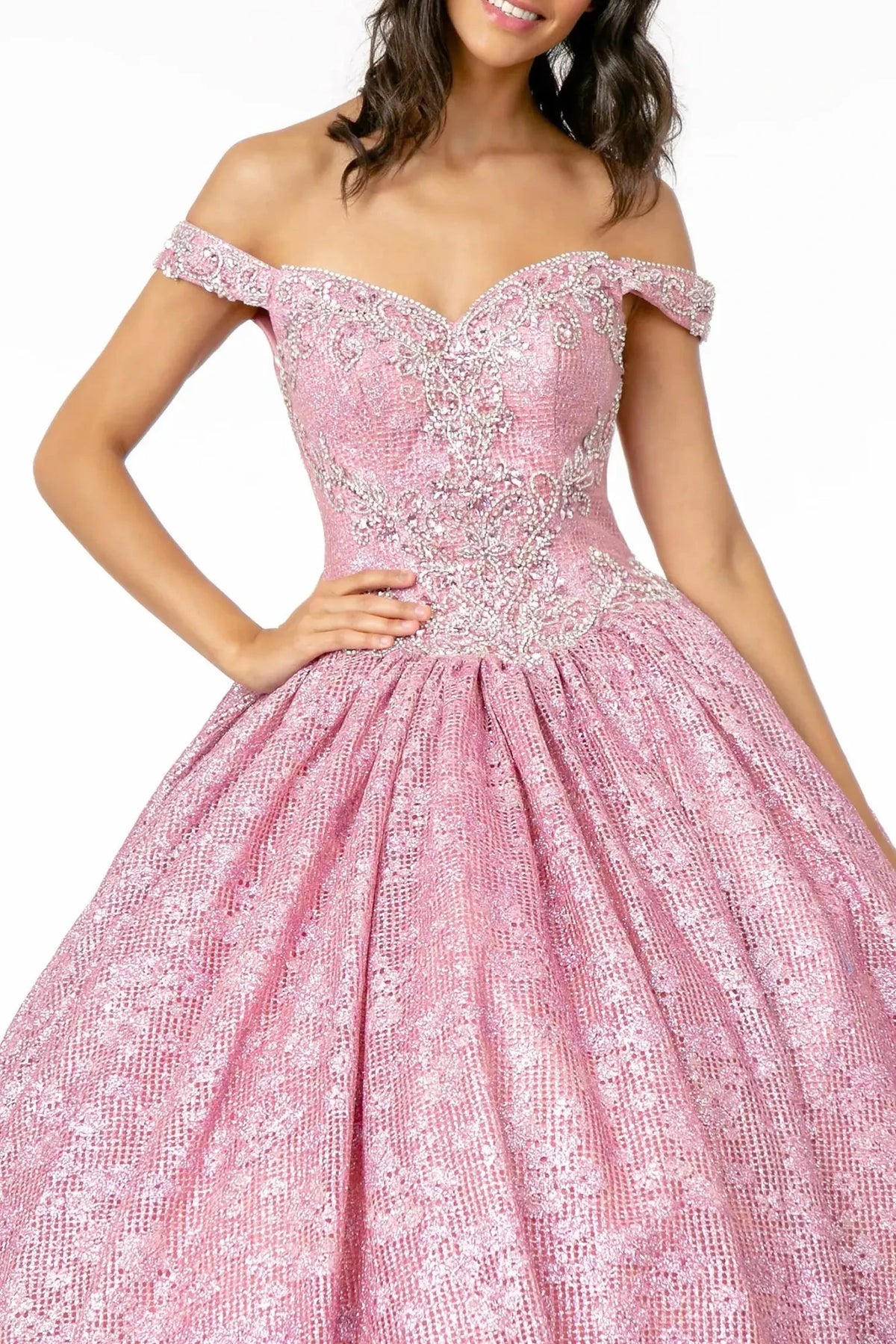 Seen in a front bodice close-up, the Pink quinceañera dress highlights silver embroidery tracing the sweetheart neckline.