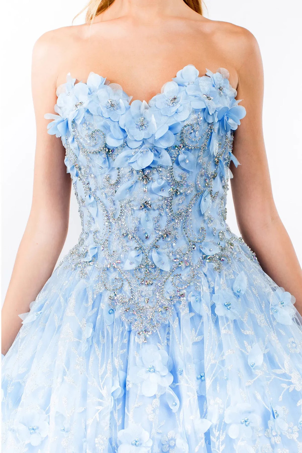 Embroidered details frame the Baby Blue quinceañera ball gown with 3d floral cape.