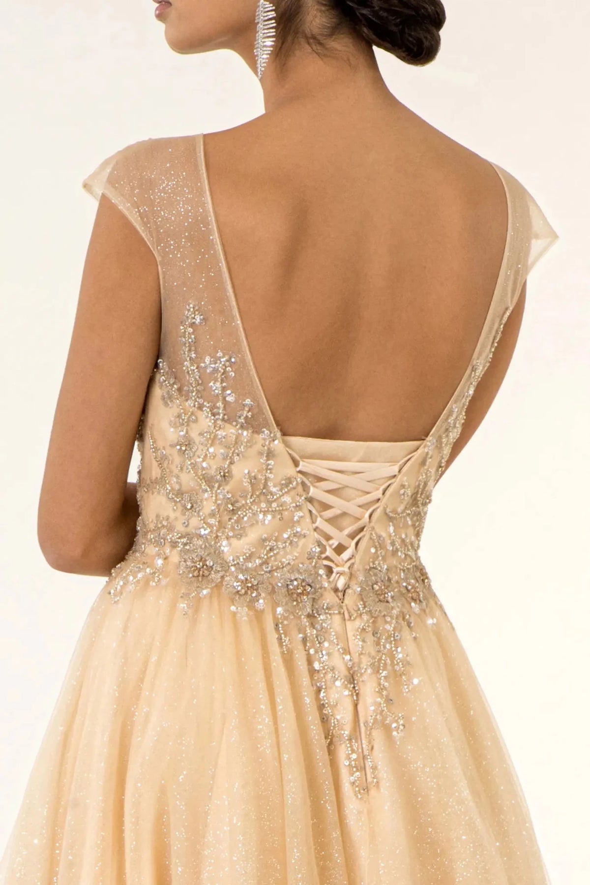 Champagne prom evening dress a-line skirt detail