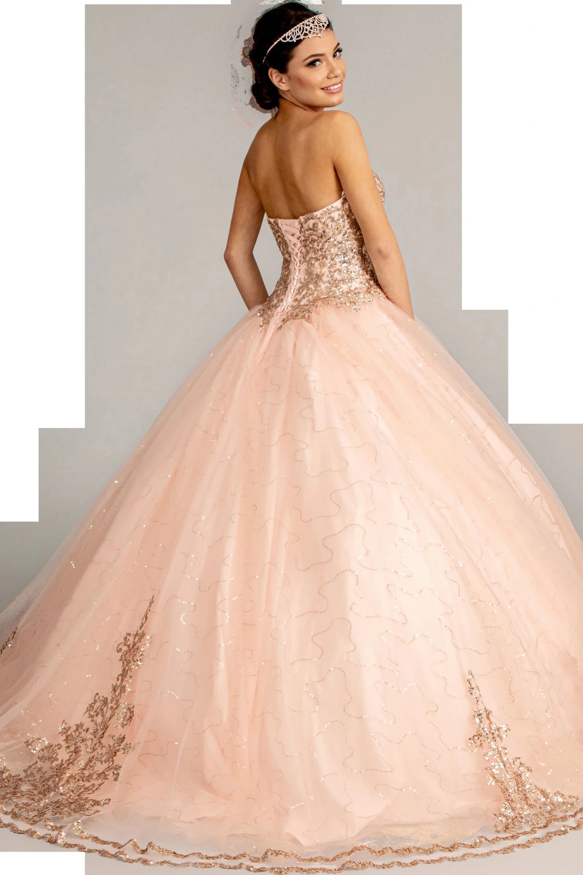 Embroidered details frame the Blush quinceañera ball gown with glitter sequins.