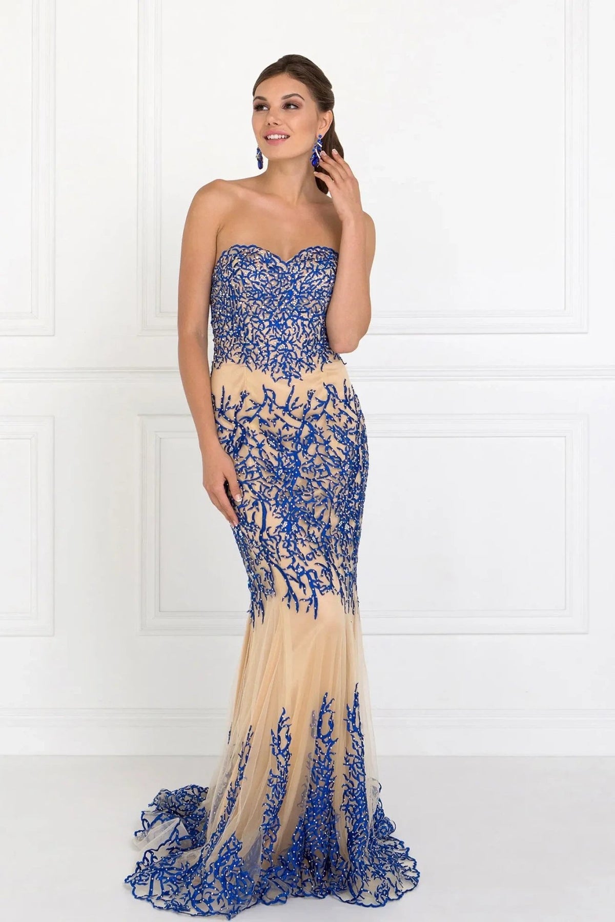 Skirt detail shows royal Blue embroidery formal dress skirt detail.