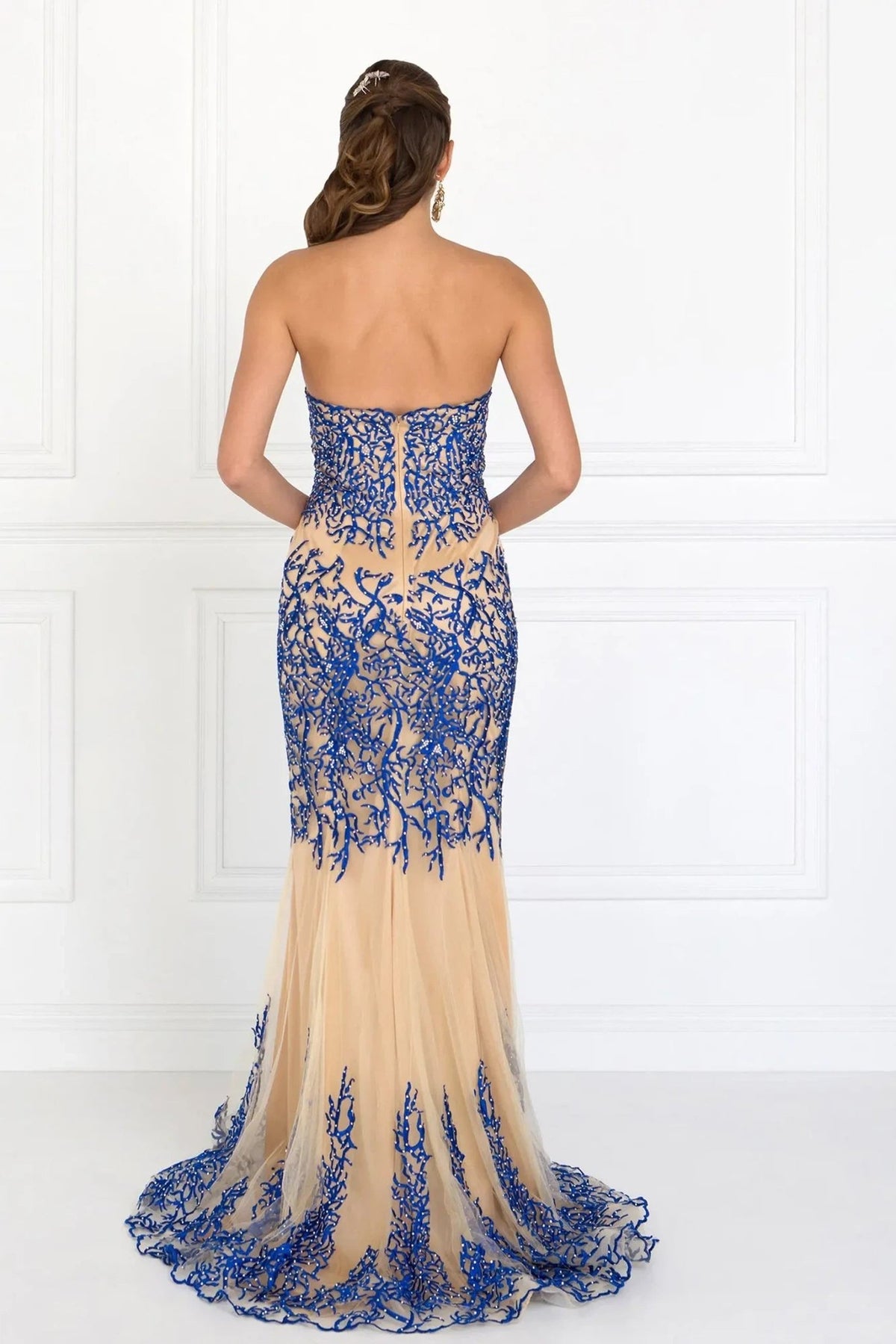 Back detail shows royal Blue embroidery formal dress back bodice detail.
