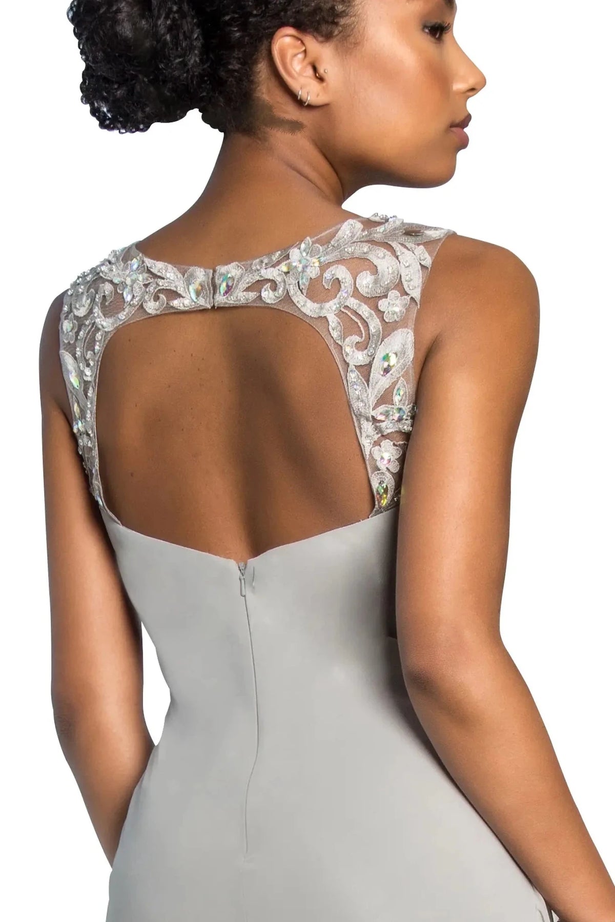 Silver illusion sweetheart prom evening dress upper front with jewel