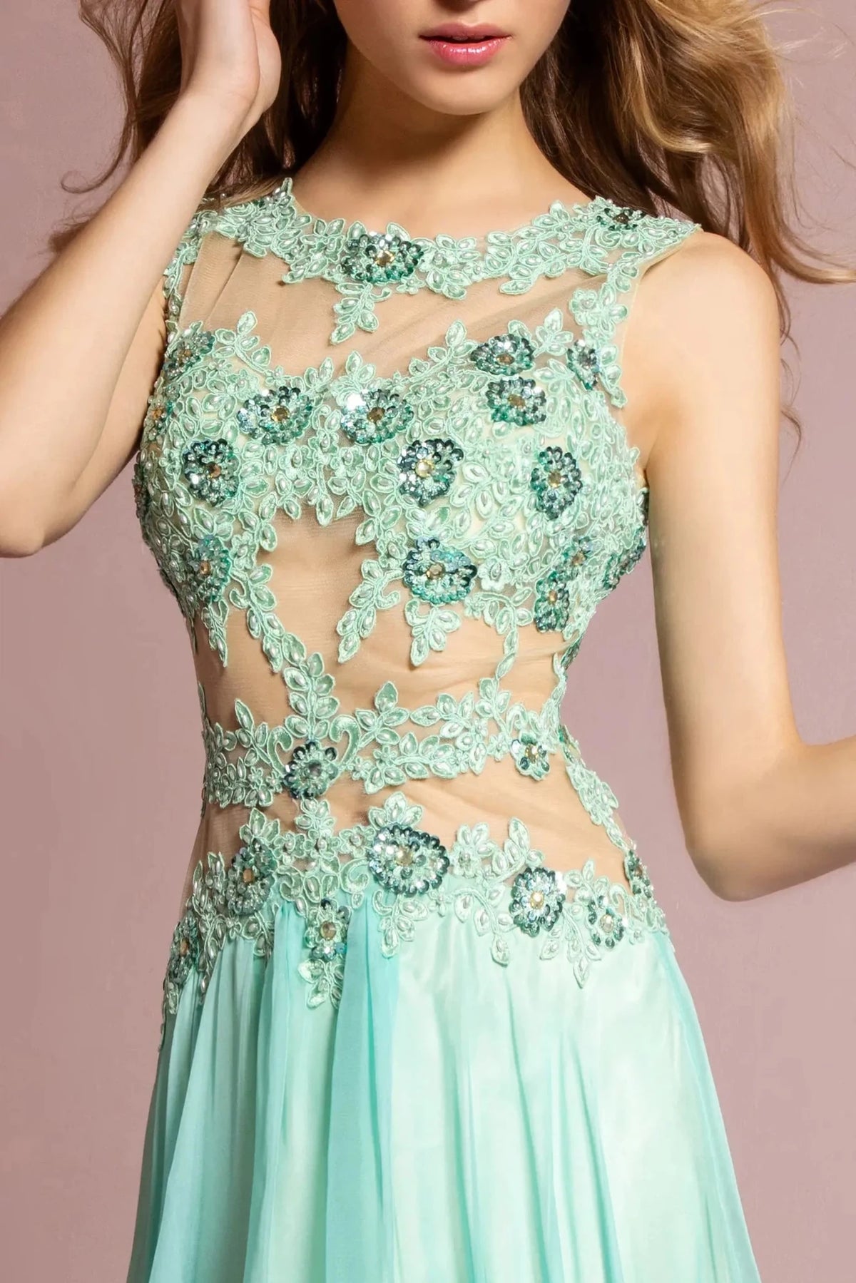 Tiffany crew-neck prom evening dress upper front with beads