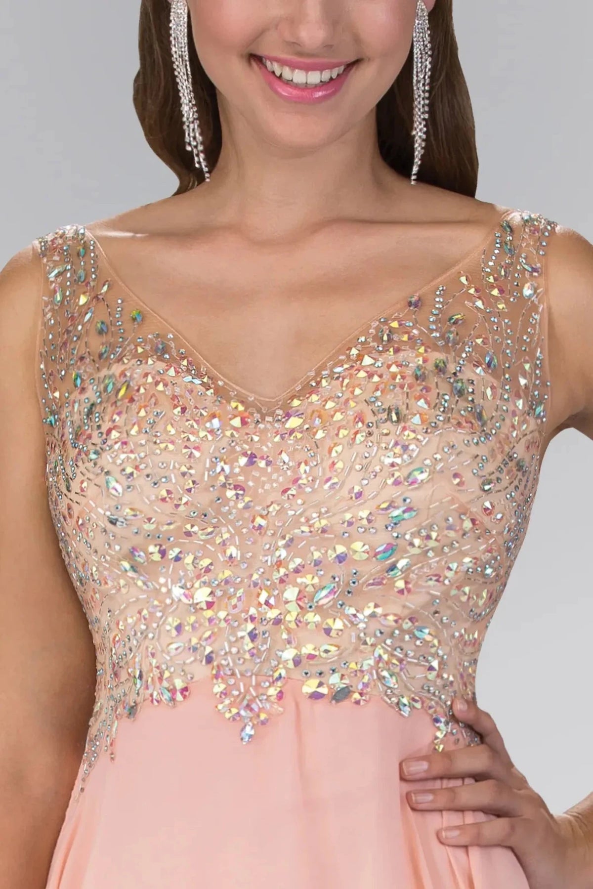 Peach v-neck prom evening dress upper front with beads, jewel