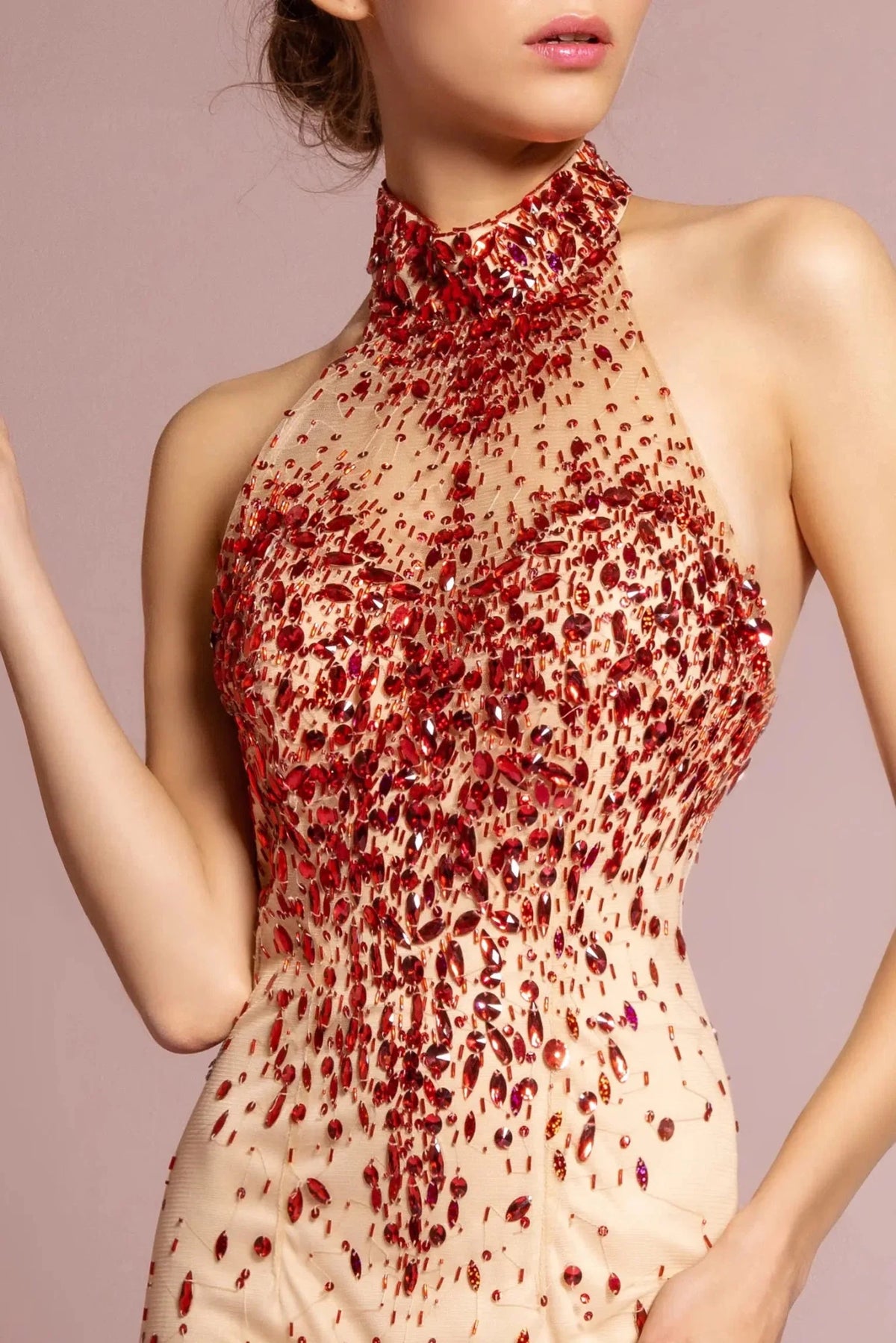 Red/Nude prom evening dress full back with open back