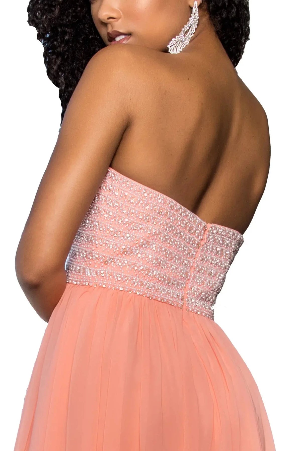 Coral prom evening dress empire skirt detail