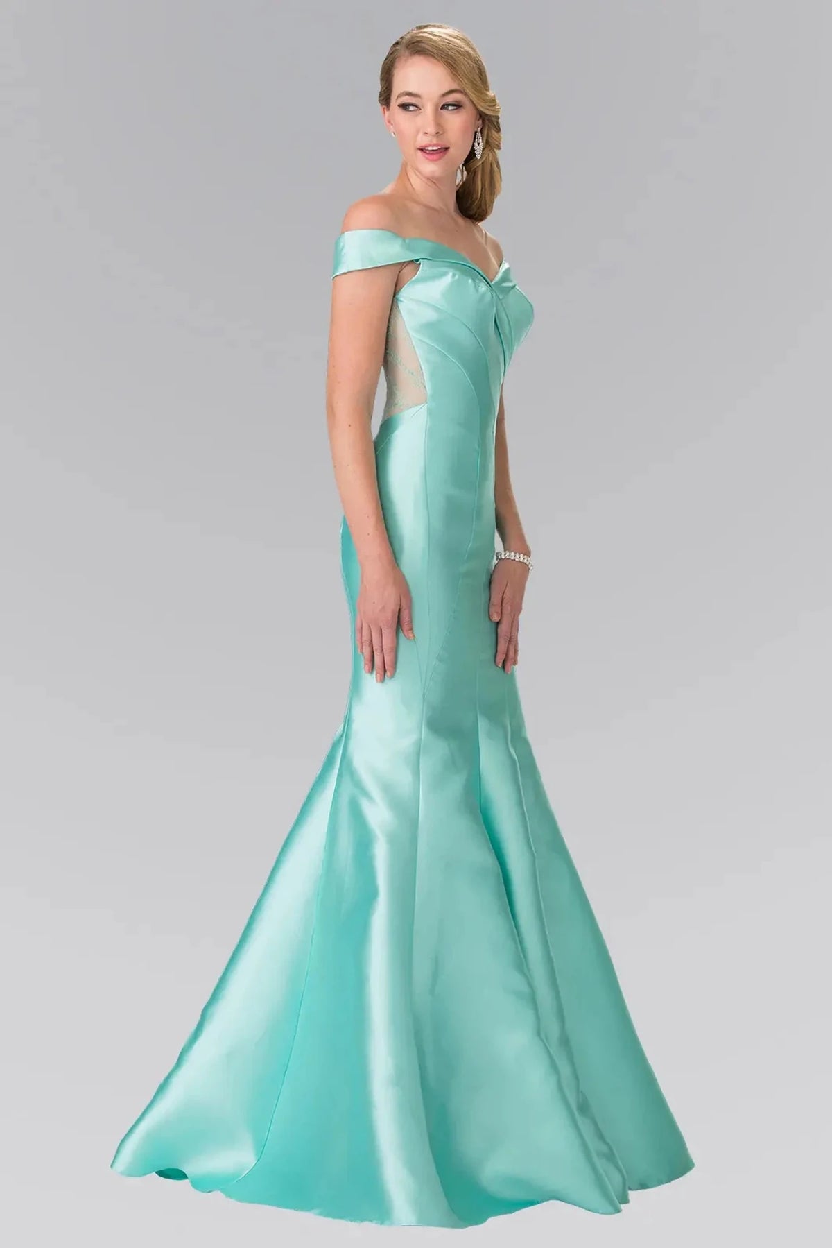 Tiffany sheer off-shoulder prom evening dress full front