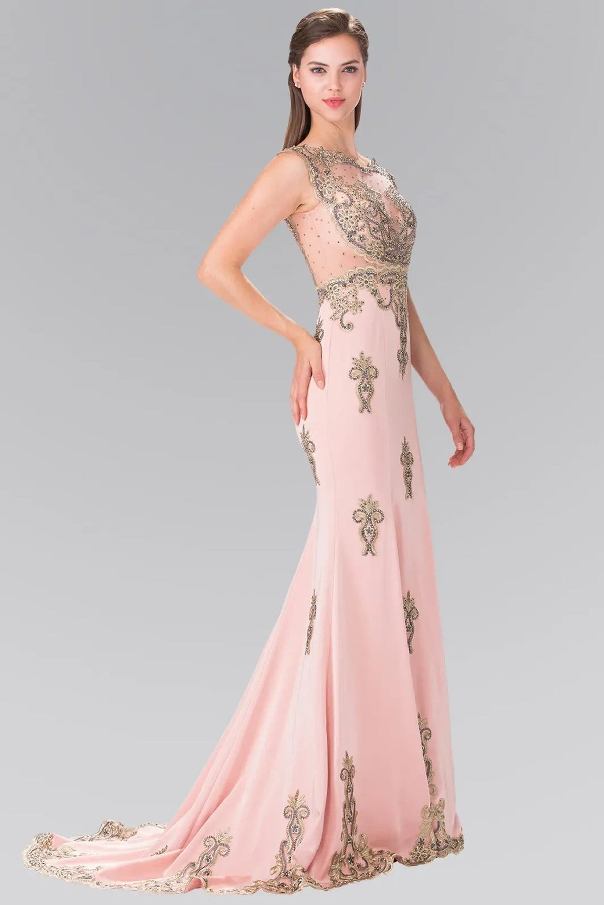 Full-length view highlights dusty Rose beading embroidery formal dress.