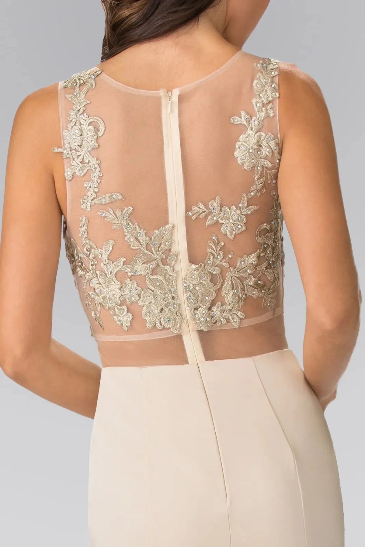 Champagne prom evening dress mermaid skirt detail