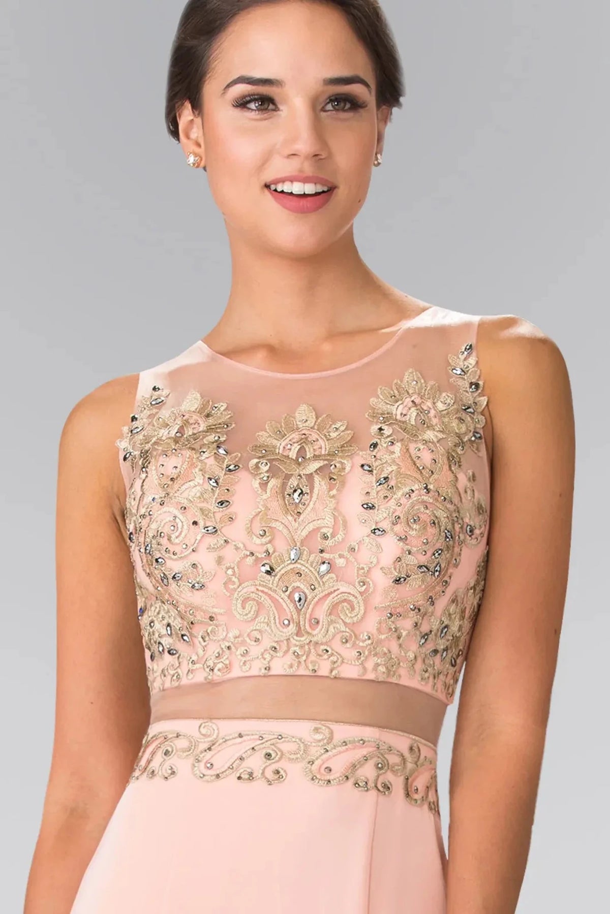 Blush scoop-neck prom evening dress upper front with embroidery, jewel