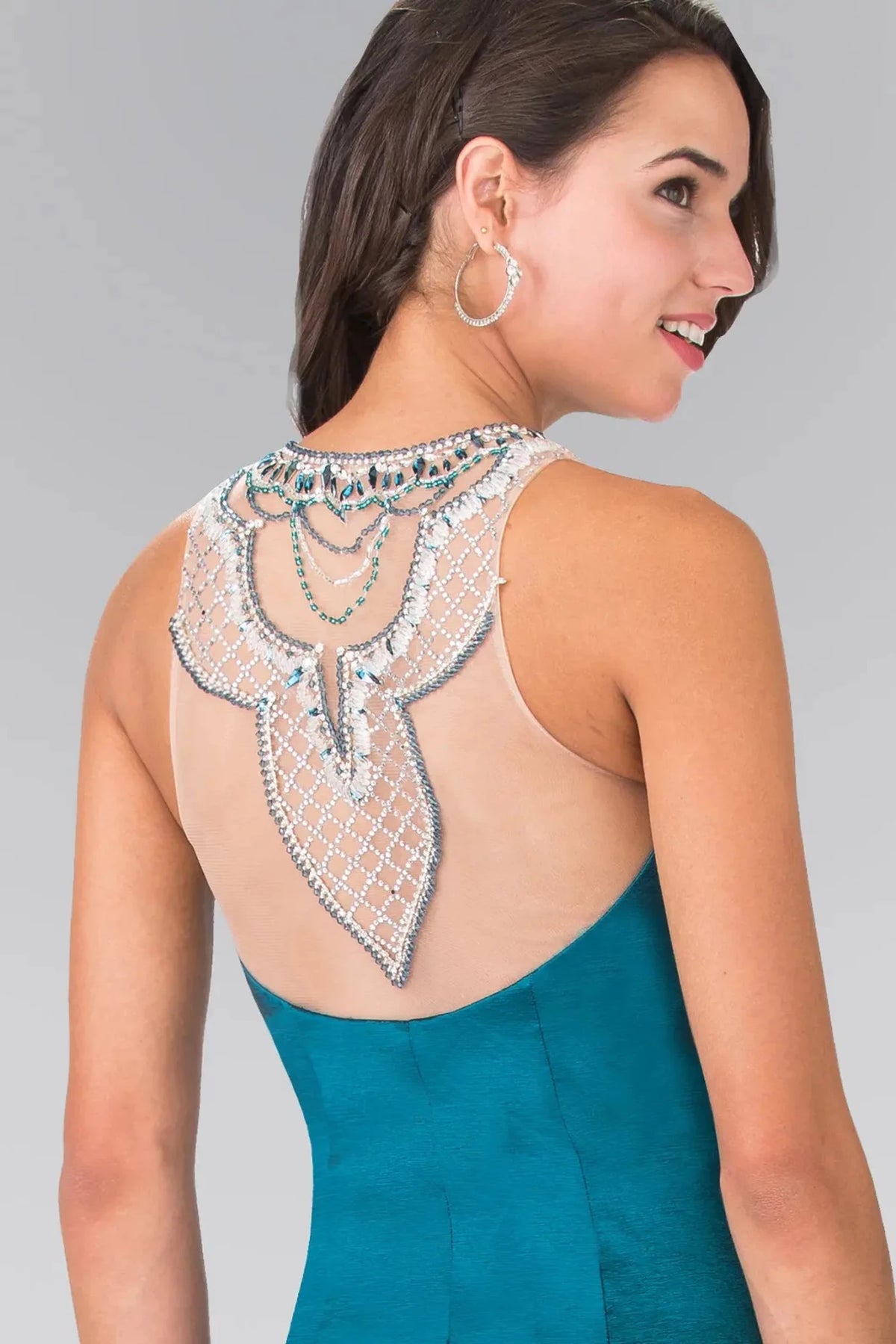 Teal prom evening dress full back with sheer back