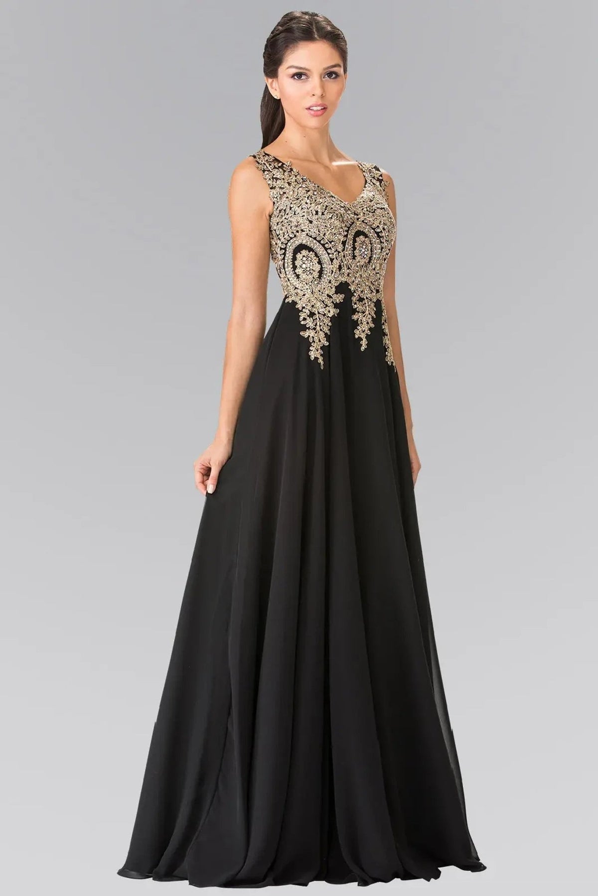 Detailed view highlights black beading embroidery formal dress detail.