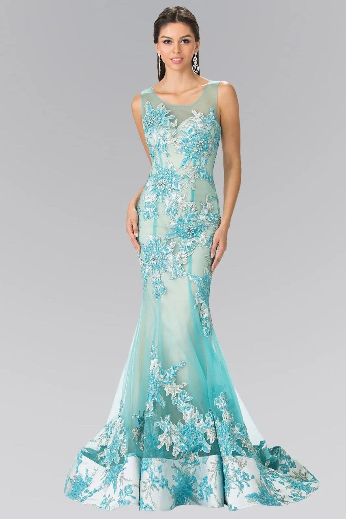 Rear view reveals tiffany/Nude beading embroidery 3d detail formal dress.