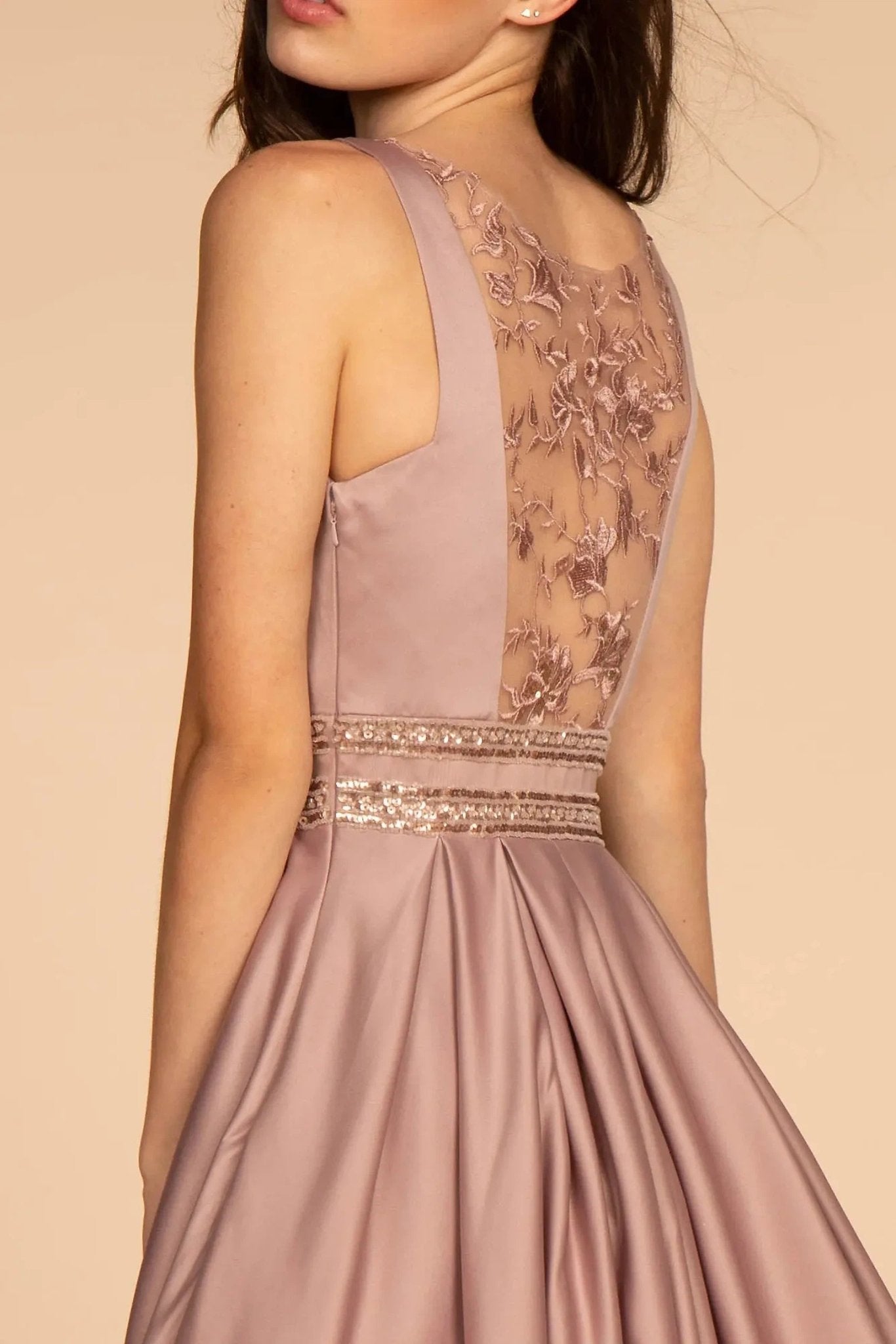 Mauve beading embroidery floral formal dress full front view