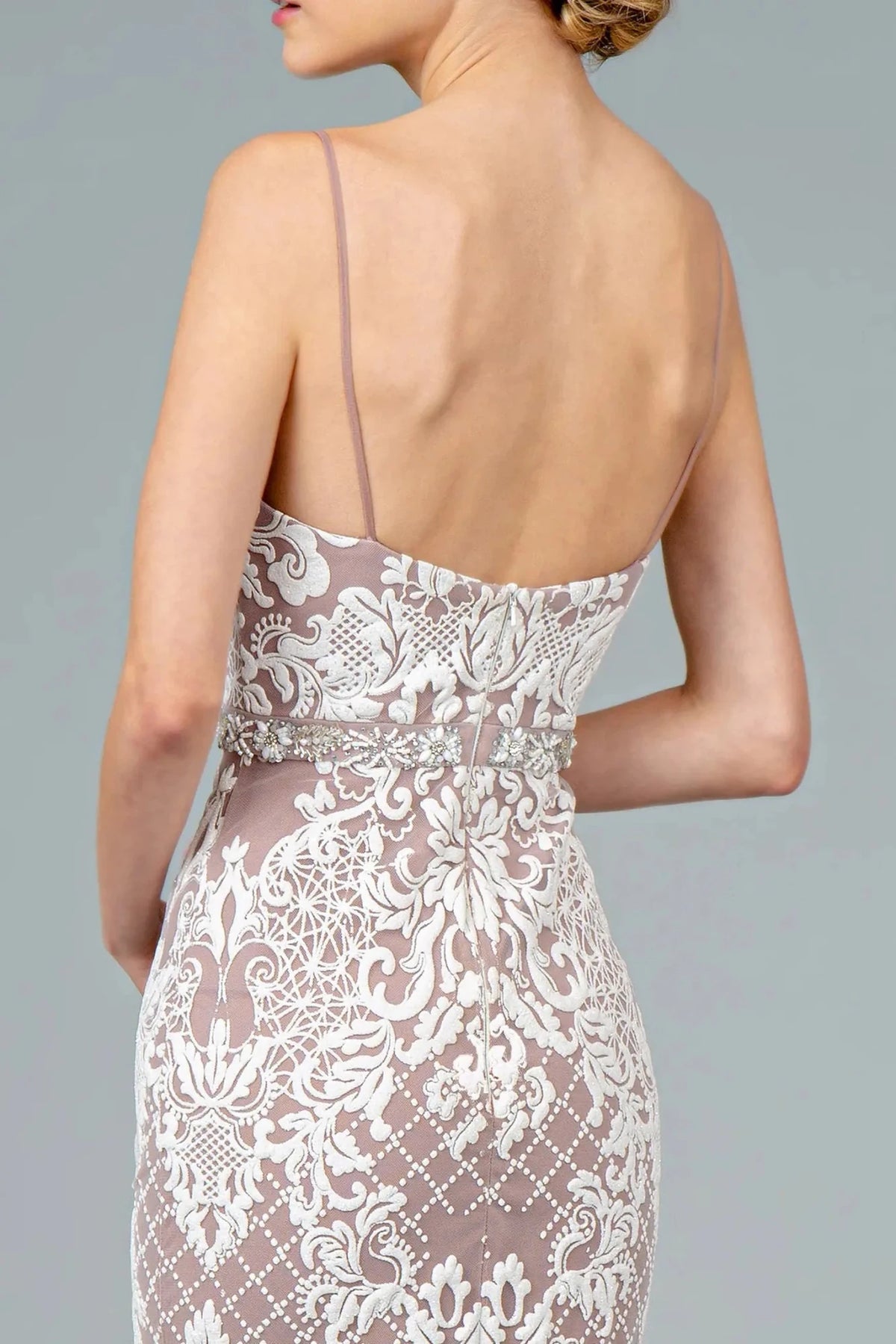 Mauve prom evening dress mermaid skirt detail