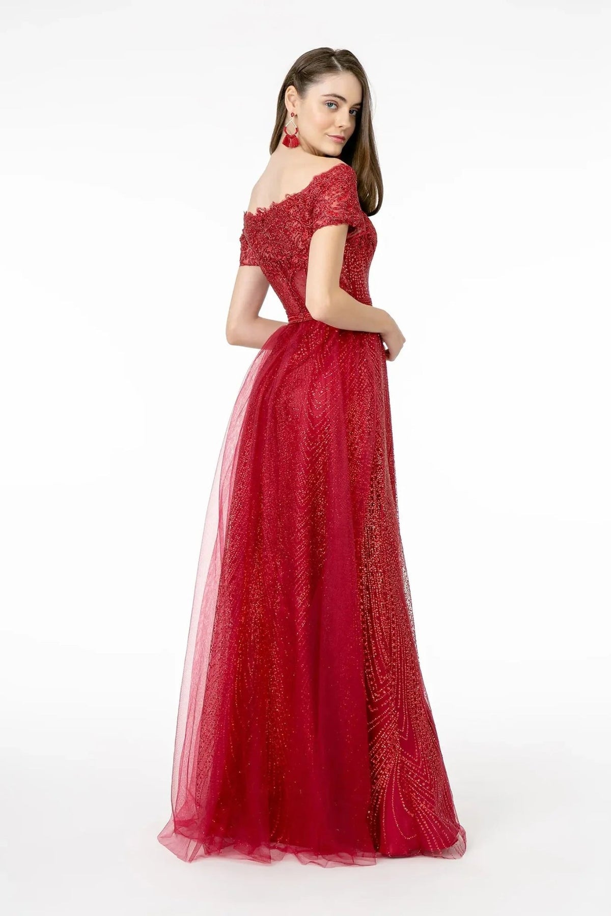 Full-length view highlights burgundy beading embellished embroidery formal dress.
