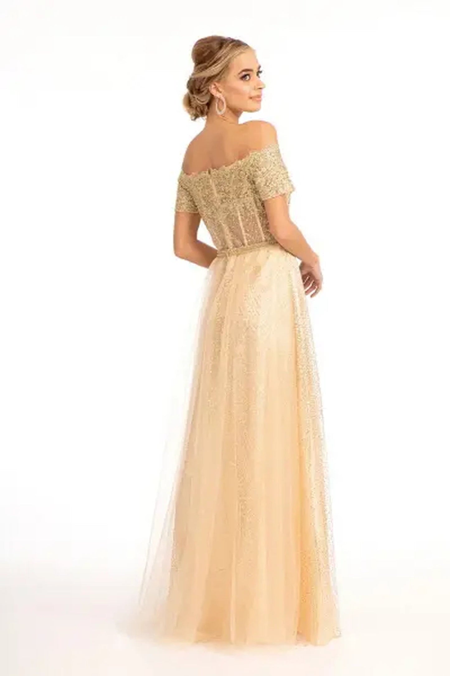 Champagne beading embellished embroidery formal dress full back view