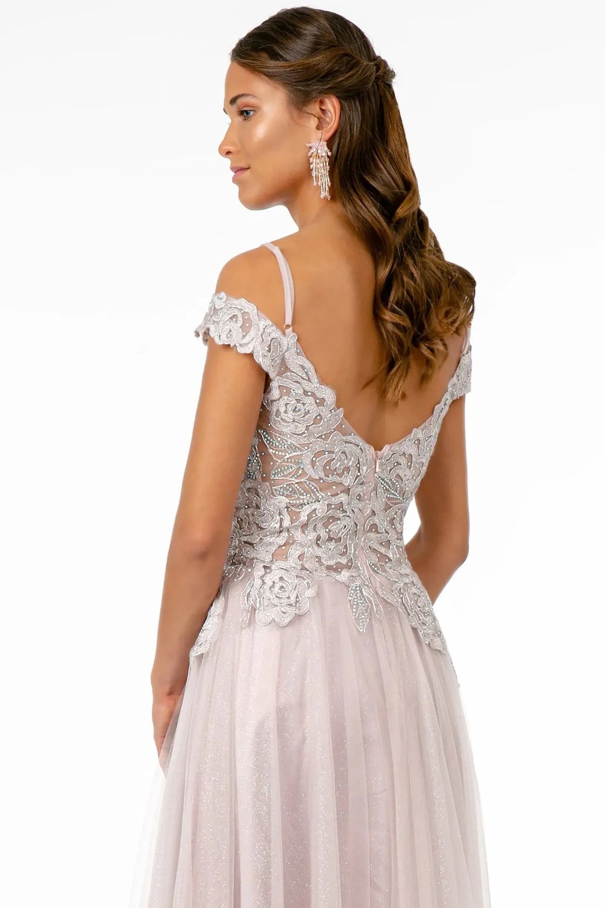 Mauve prom evening dress a-line skirt detail