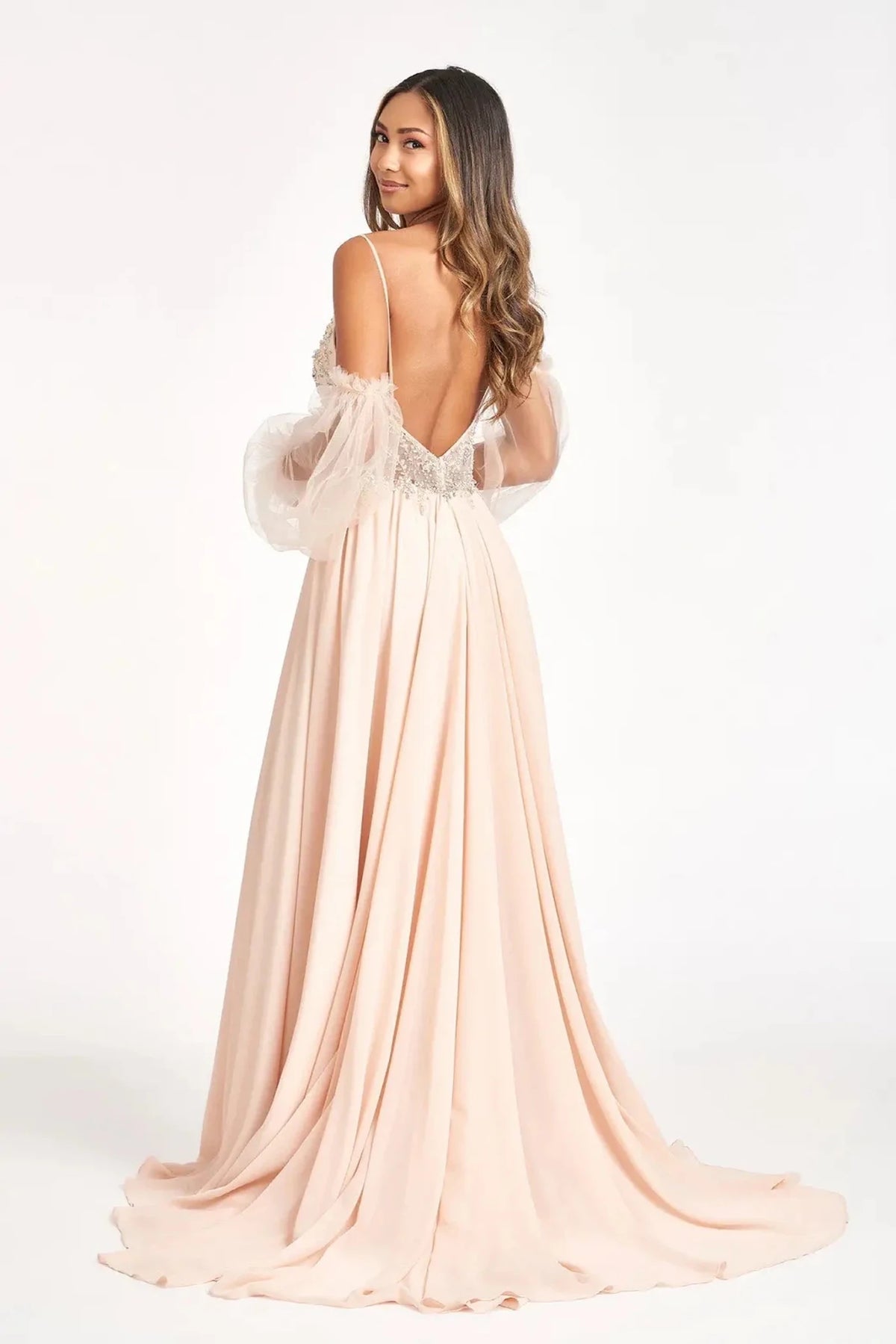 Rear view reveals champagne chiffon detachable sleeve mother of the bride dress.