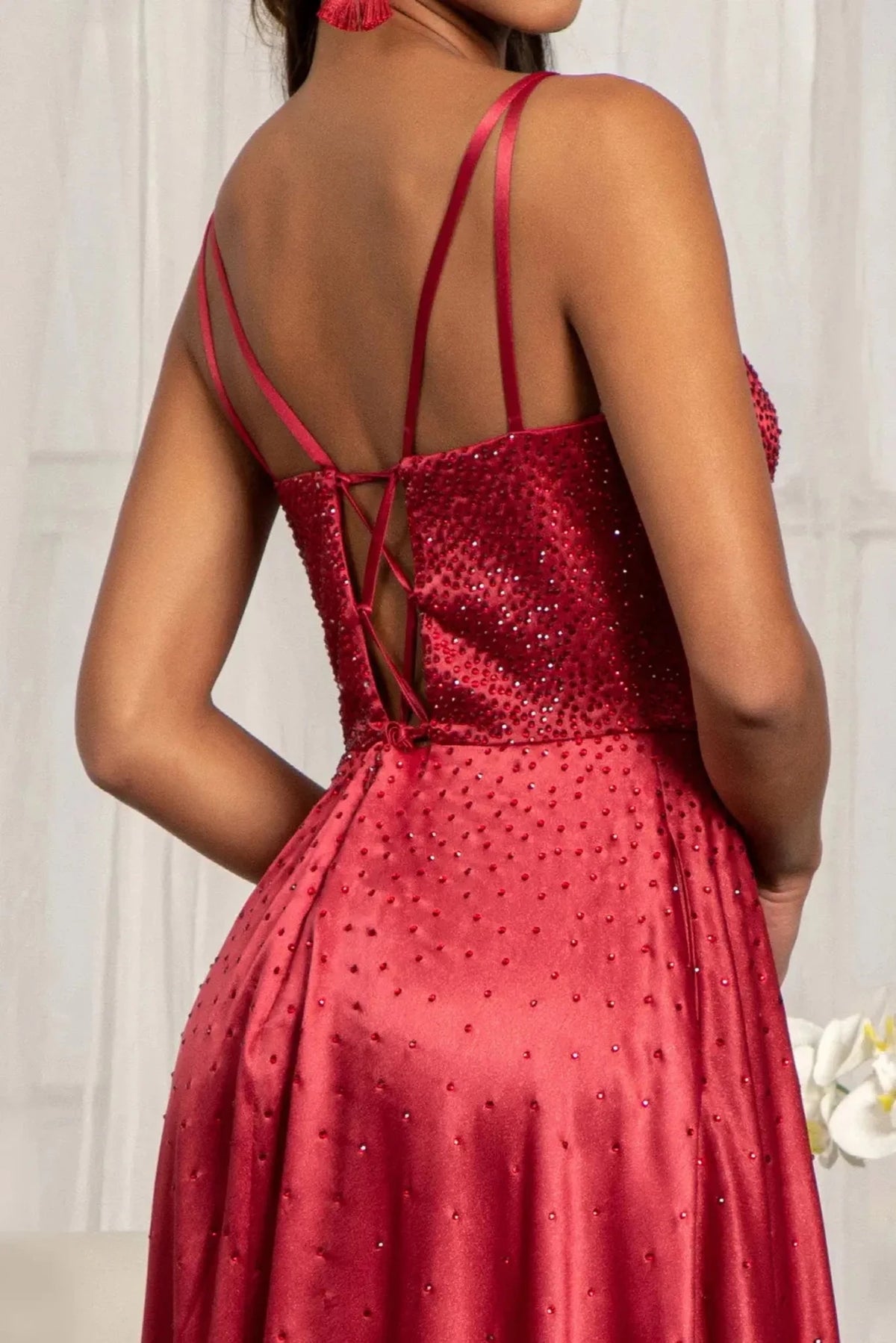 Burgundy prom evening dress spaghetti strap bodice detail