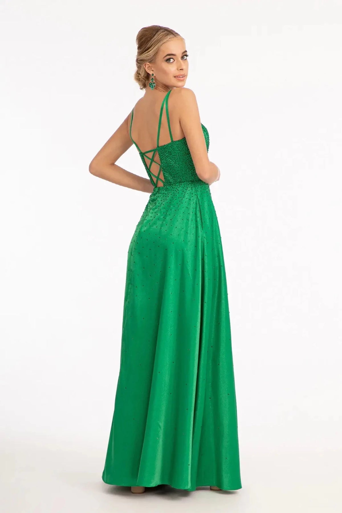 Emerald Green prom evening dress spaghetti strap bodice detail
