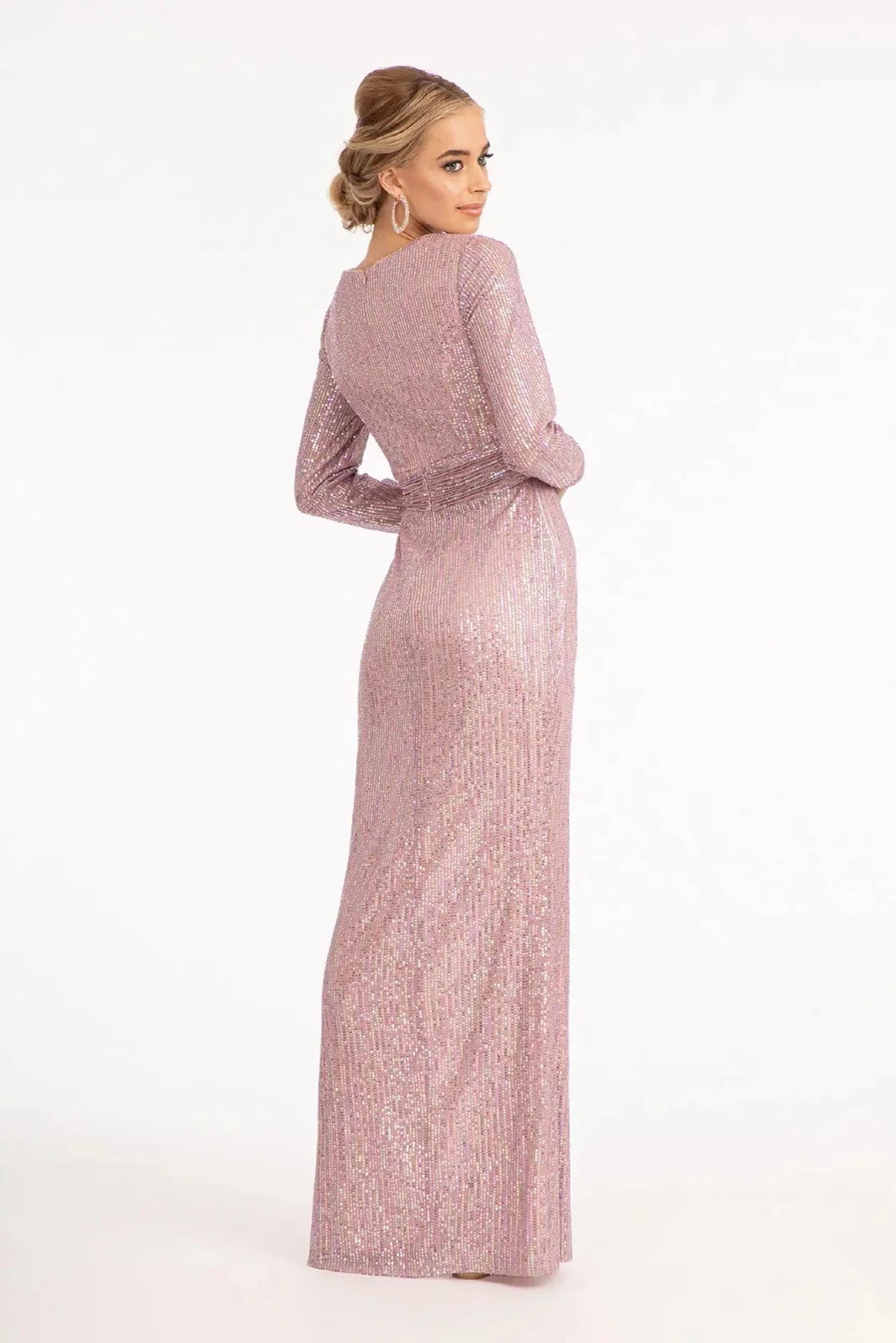 Rear view reveals mauve mermaid mother of the bride dress with concealed zipper back and long sleeve.