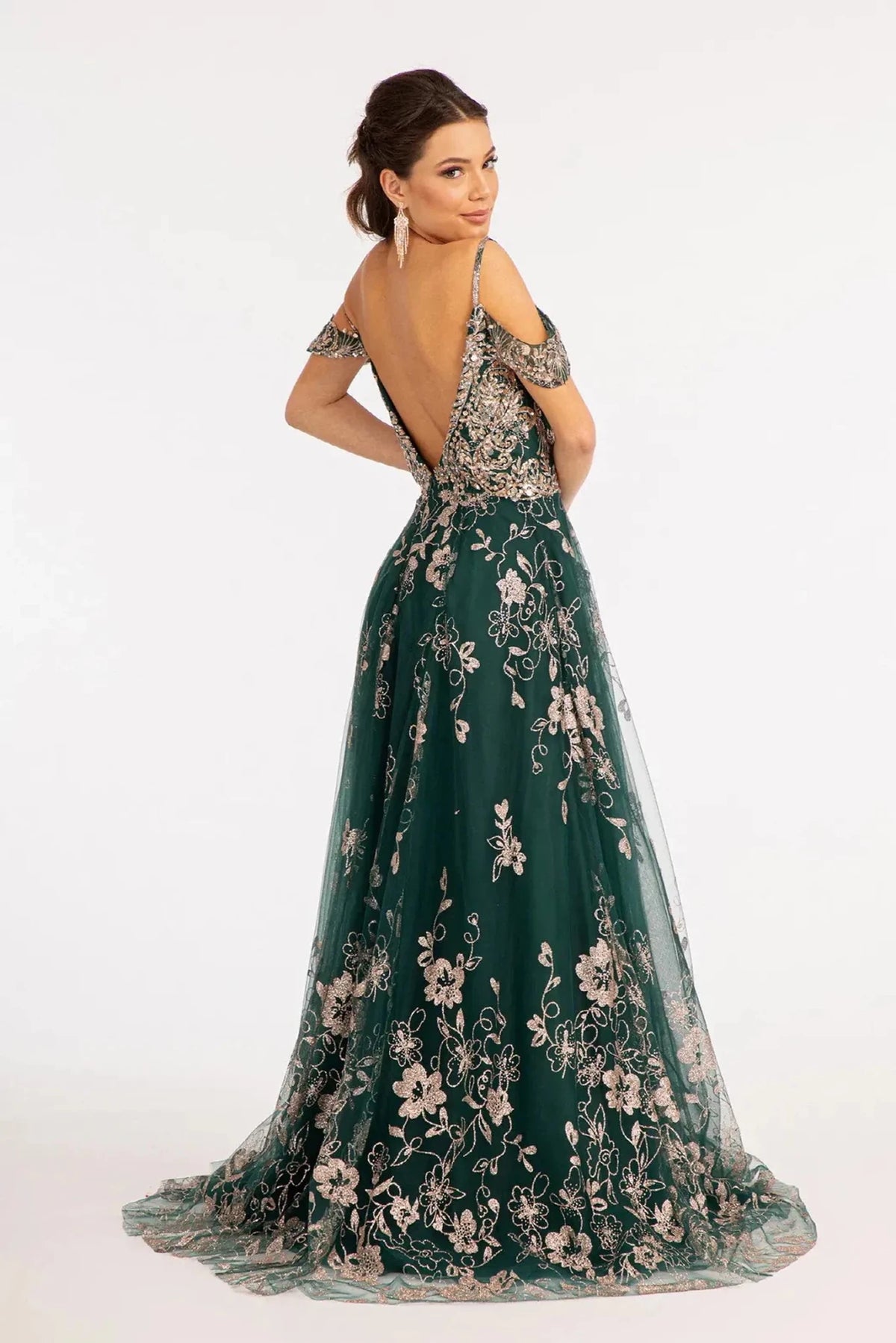Rear view reveals emerald Green a-line mother of the bride dress with v-back with concealed zipper and spaghetti strap.